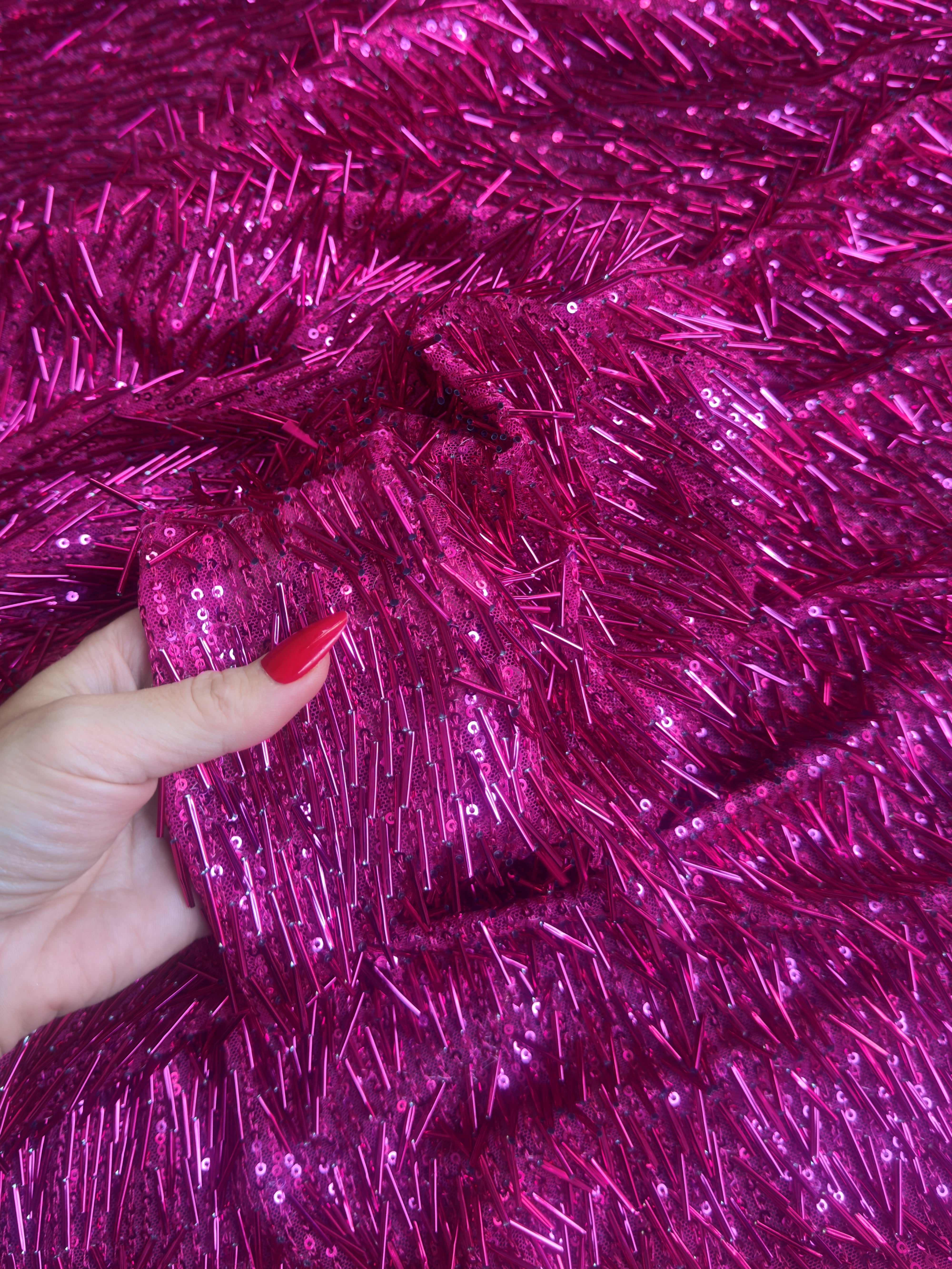 Fuchsia Fringe Sequin on Mesh, Fabric Store, Sewing Store, Cheap Fabric Store, Kiki Textiles, Textile by the Yard