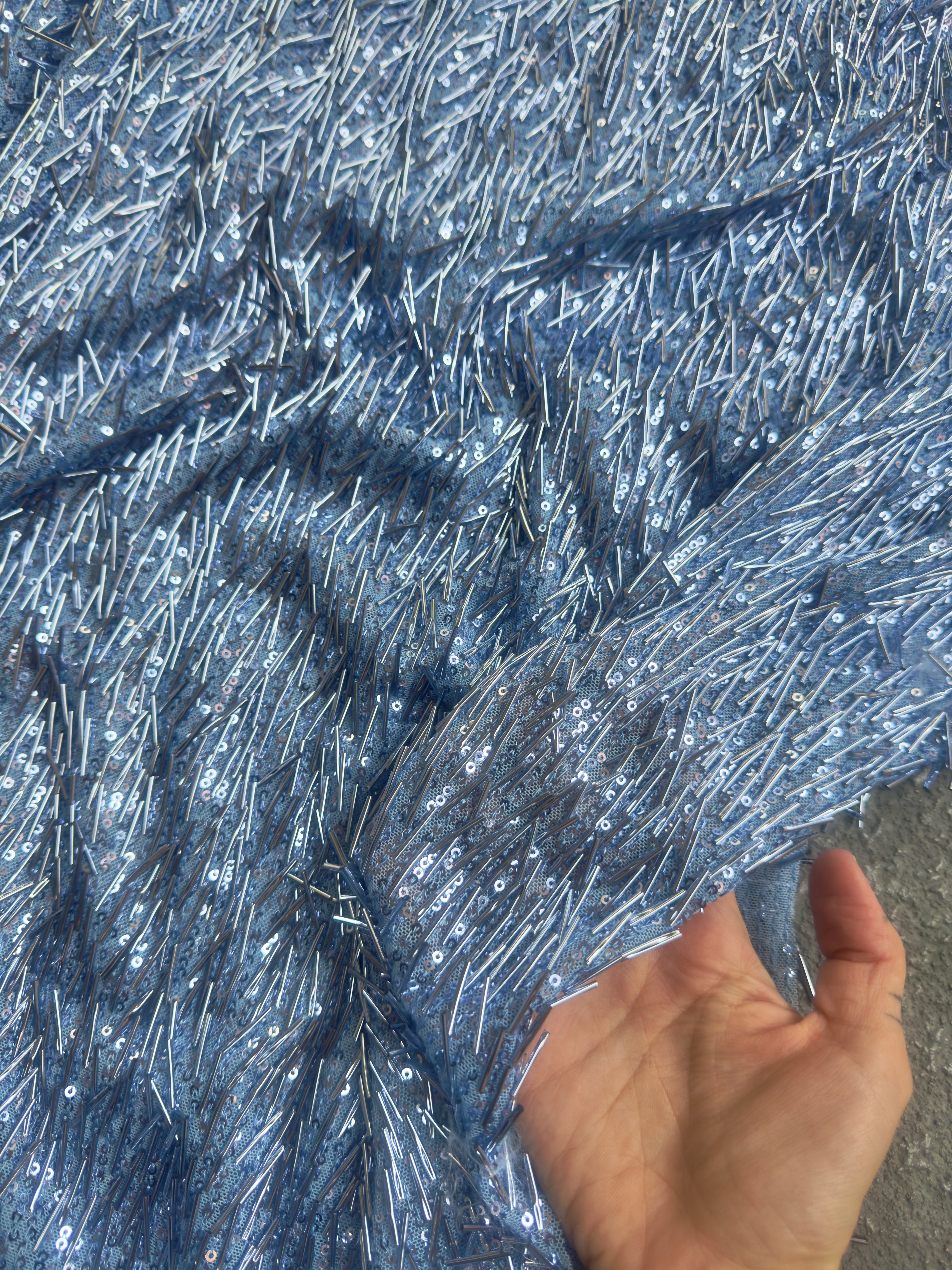 Sky Blue Fringe Sequin on Mesh, Fabric Store, Sewing Store, Cheap Fabric Store, Kiki Textiles, Textile by the Yard