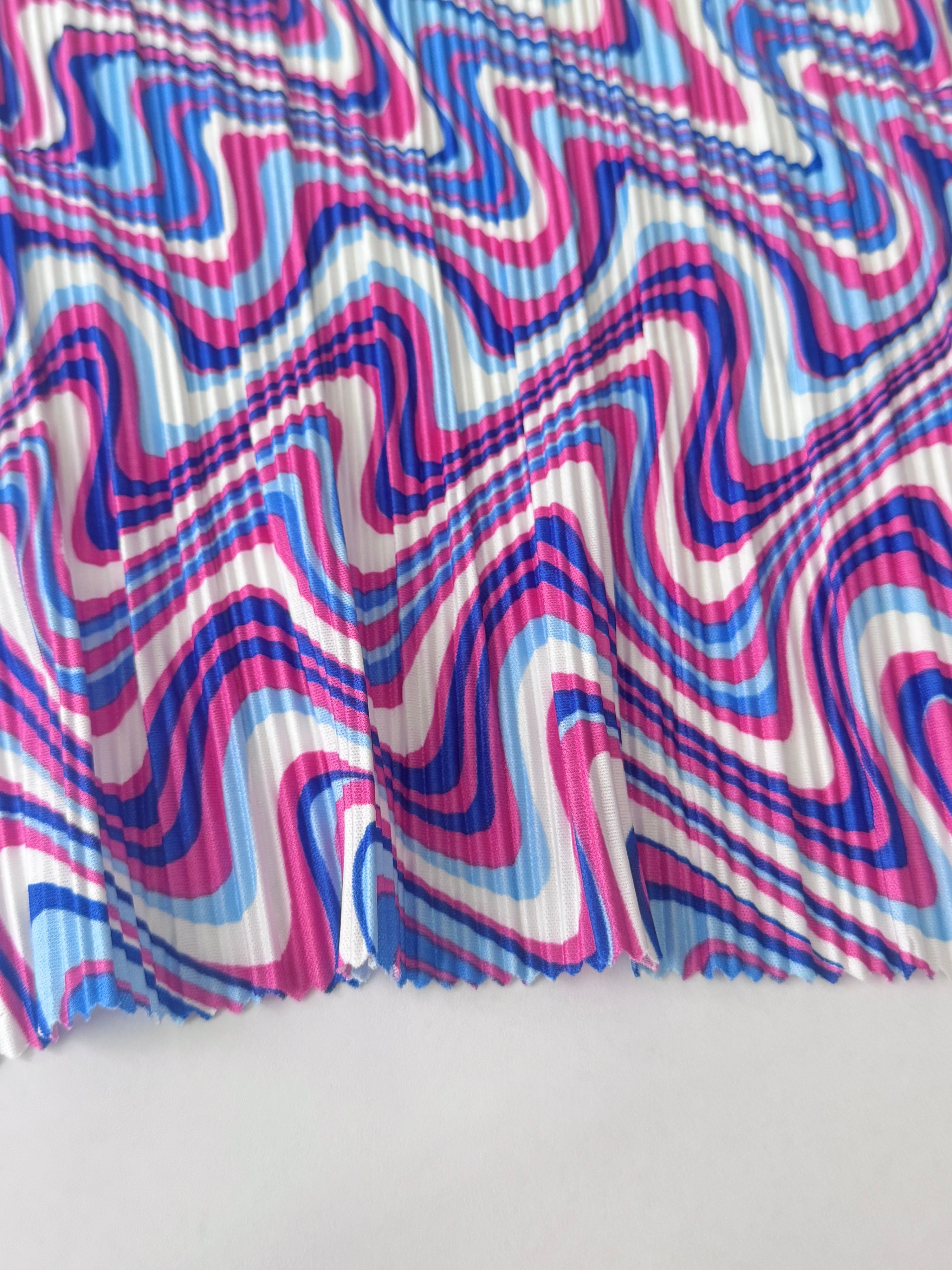 Blue Pink Print Pleated Knit, online textile store, sewing, fabric store, sewing store, cheap fabric store, kiki textiles