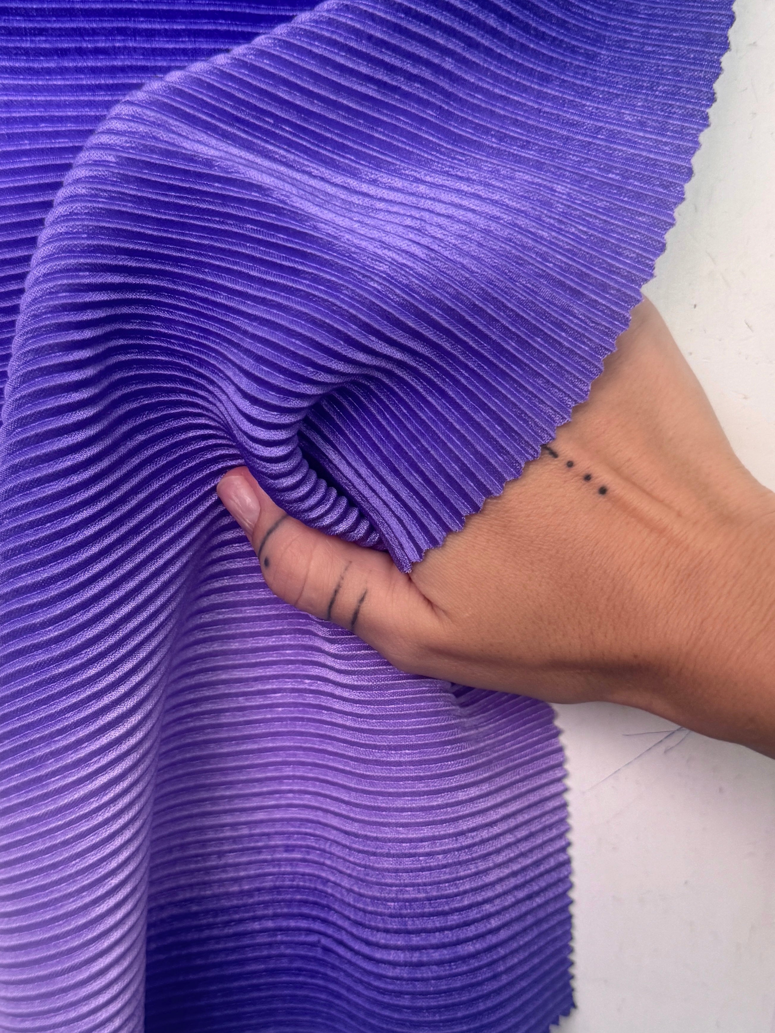 Purple Ombre Pleated Knit, purple pleated knit, purple pleated fabric, pleated spandex, spandex fabric, kiki textiles, sewing, purple textured knit