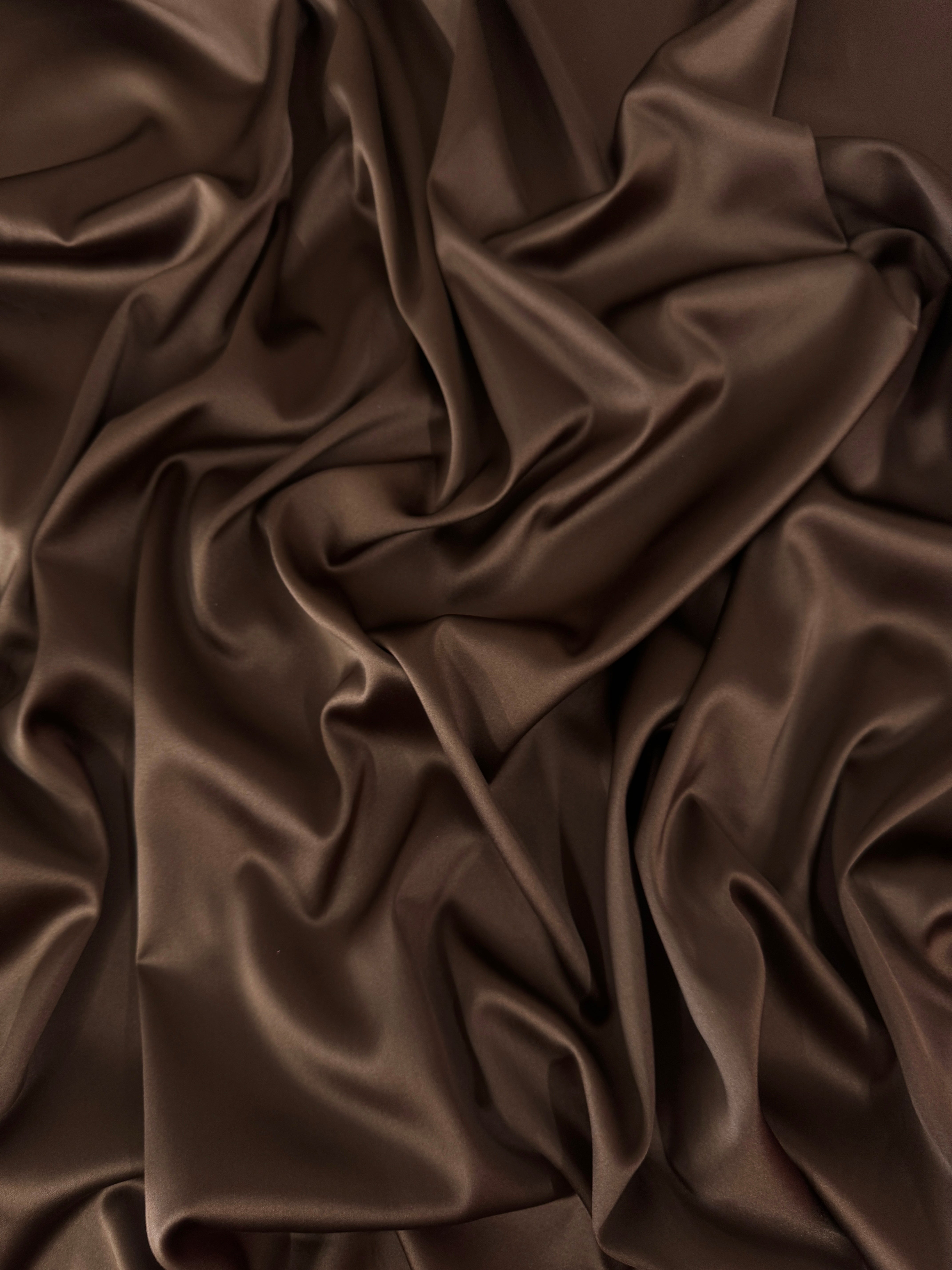 Chocolate Brown Stretch Crepe Back Satin, online textile store, sewing, fabric store, sewing store, cheap fabric store, kiki textiles