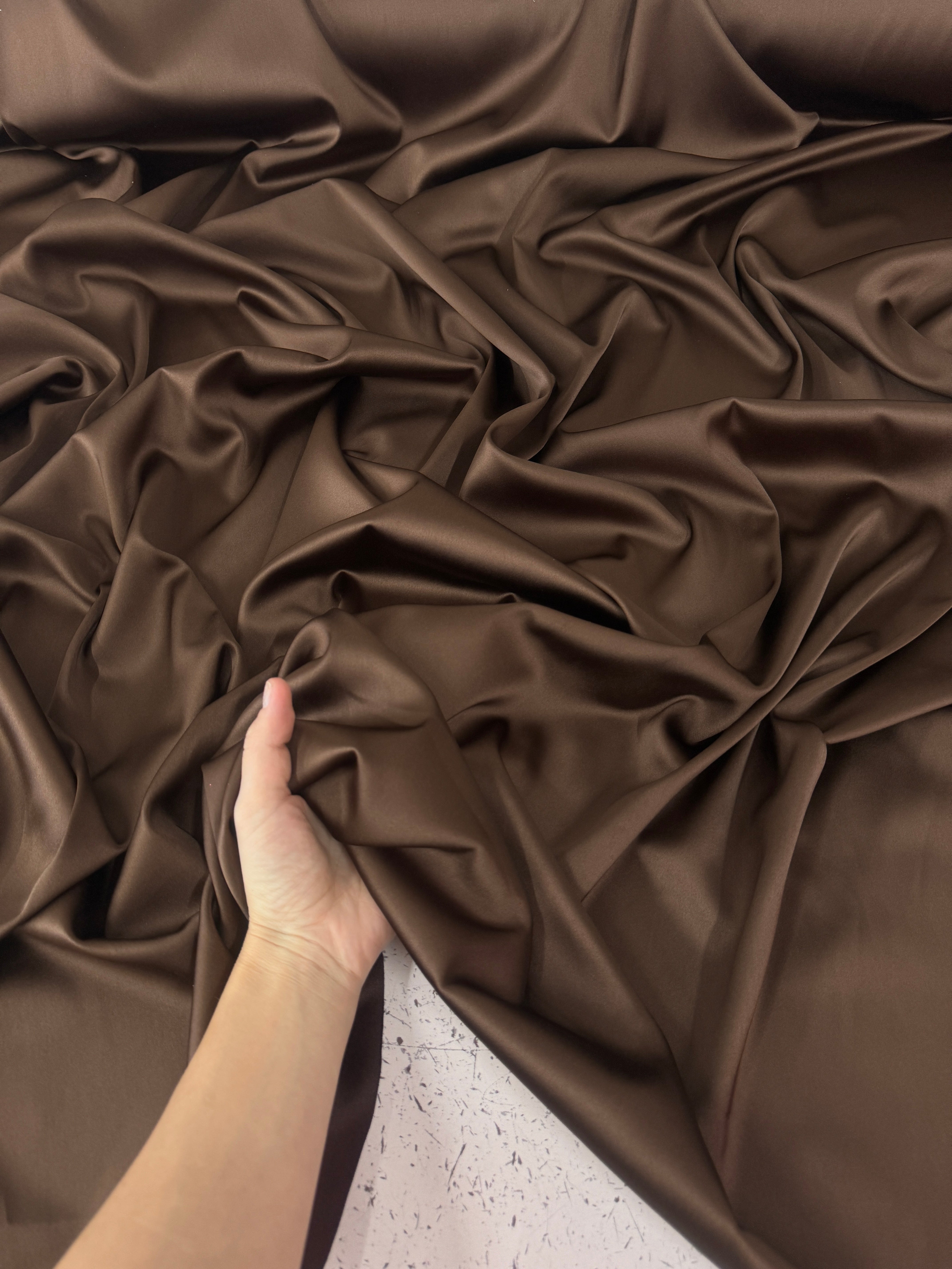 Chocolate Brown Stretch Crepe Back Satin, online textile store, sewing, fabric store, sewing store, cheap fabric store, kiki textiles