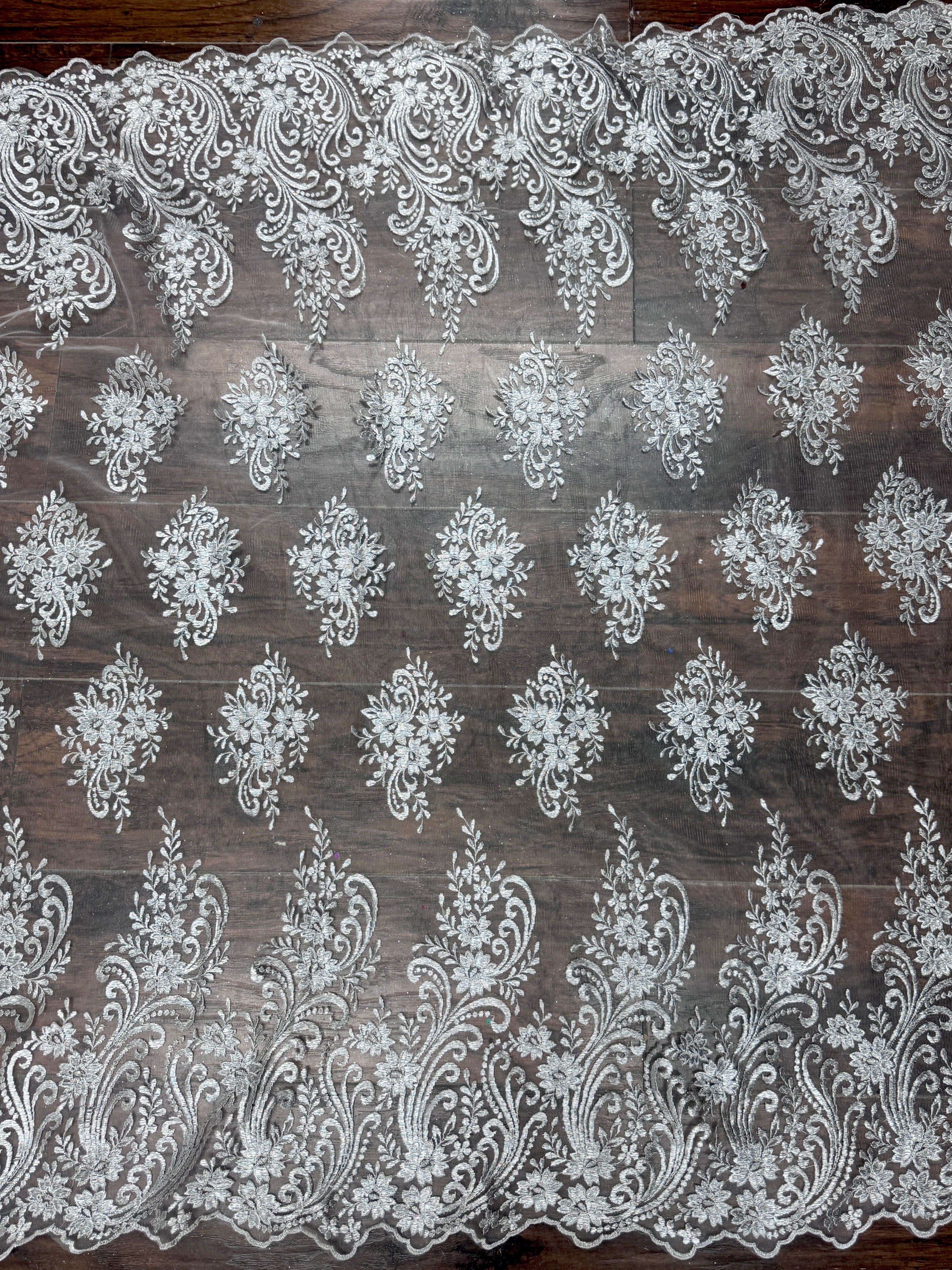 Silver Scalloped Embroidered Floral Lace, online textile store, sewing, fabric store, sewing store, cheap fabric store, kiki textiles