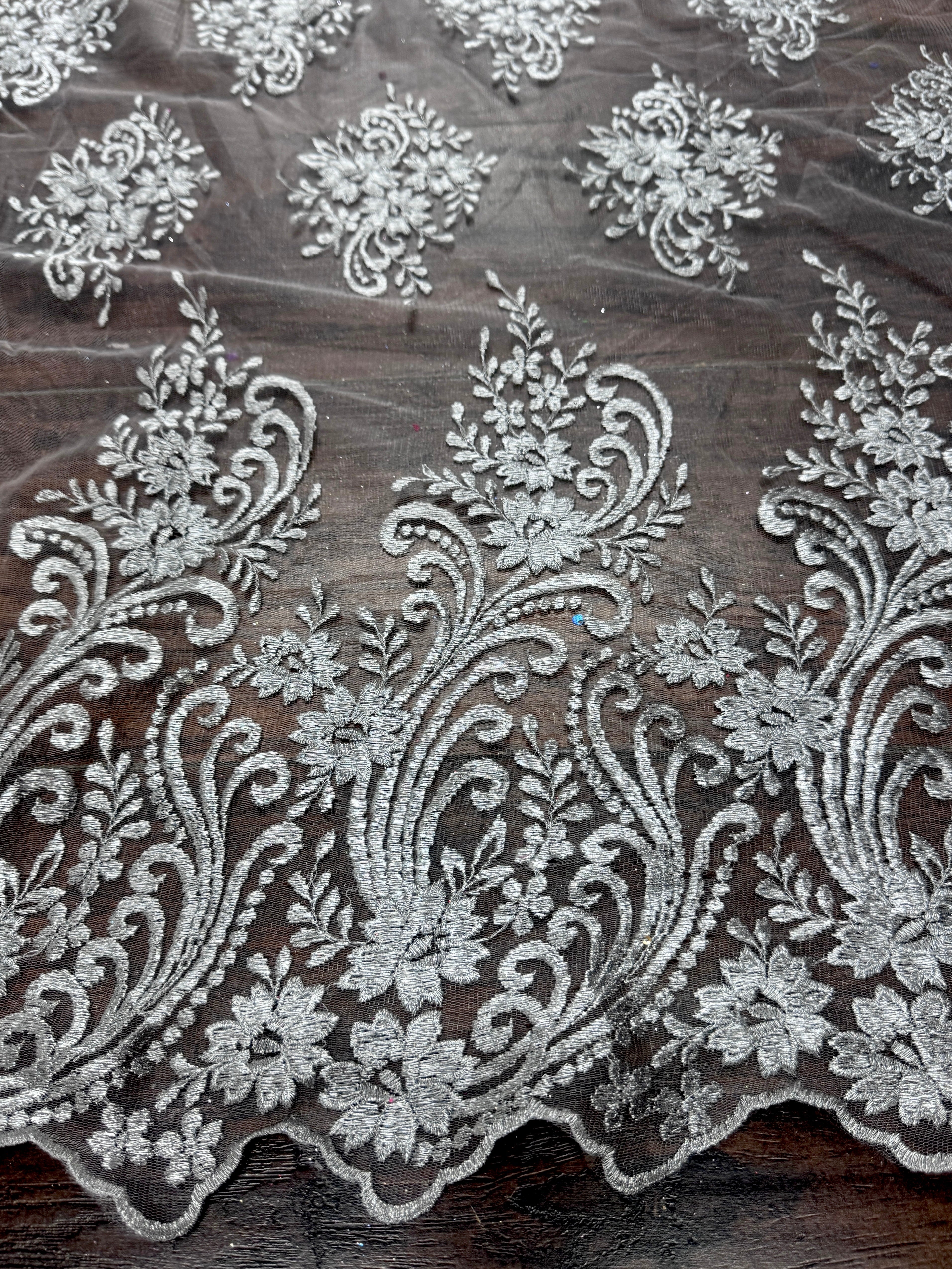 Silver Scalloped Embroidered Floral Lace, online textile store, sewing, fabric store, sewing store, cheap fabric store, kiki textiles