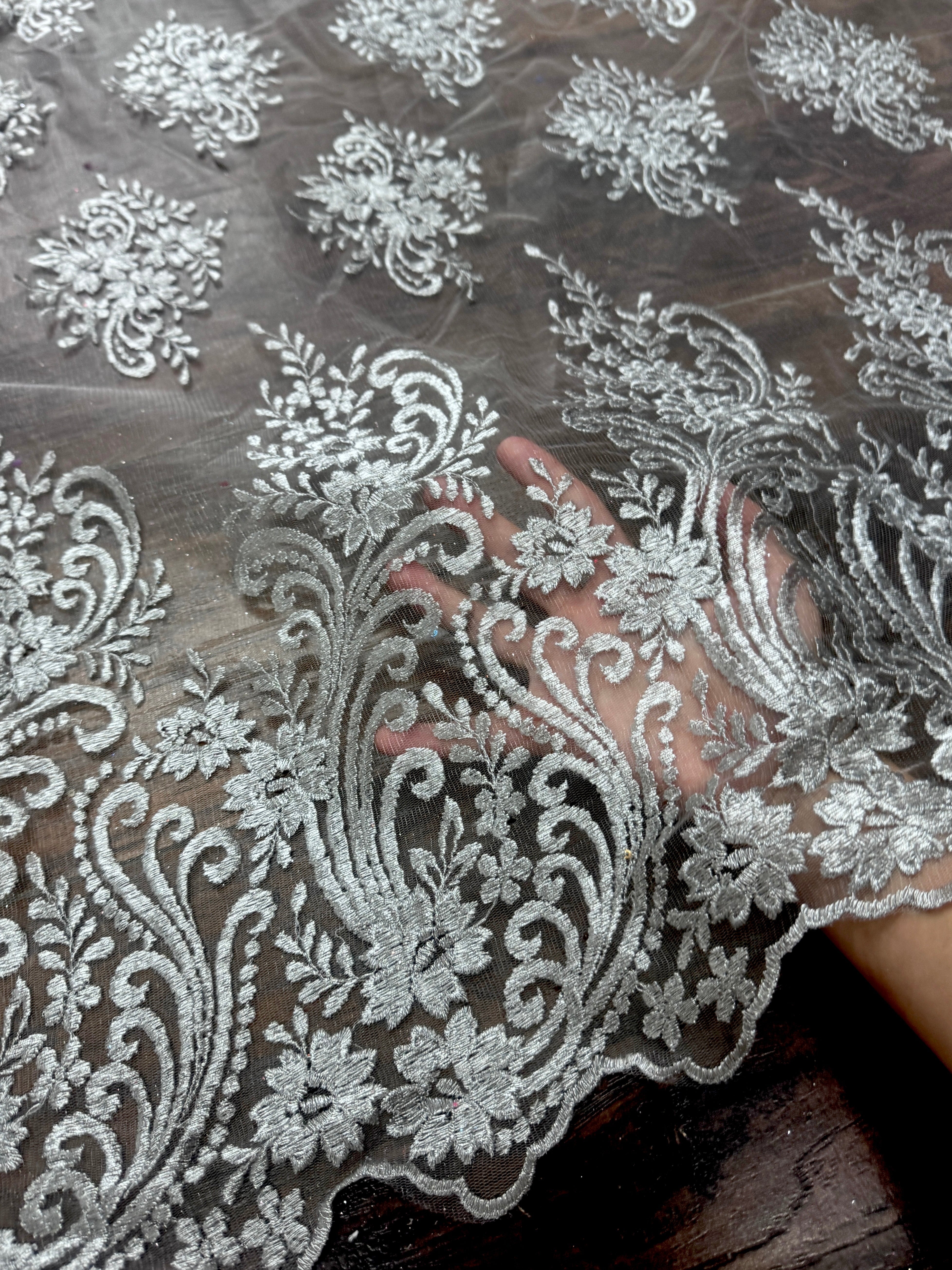 Silver Scalloped Embroidered Floral Lace, Silver lace, Embroidered Lace, nude lace mesh, lace for woman, lace for bride, lace on sale, lace on discount