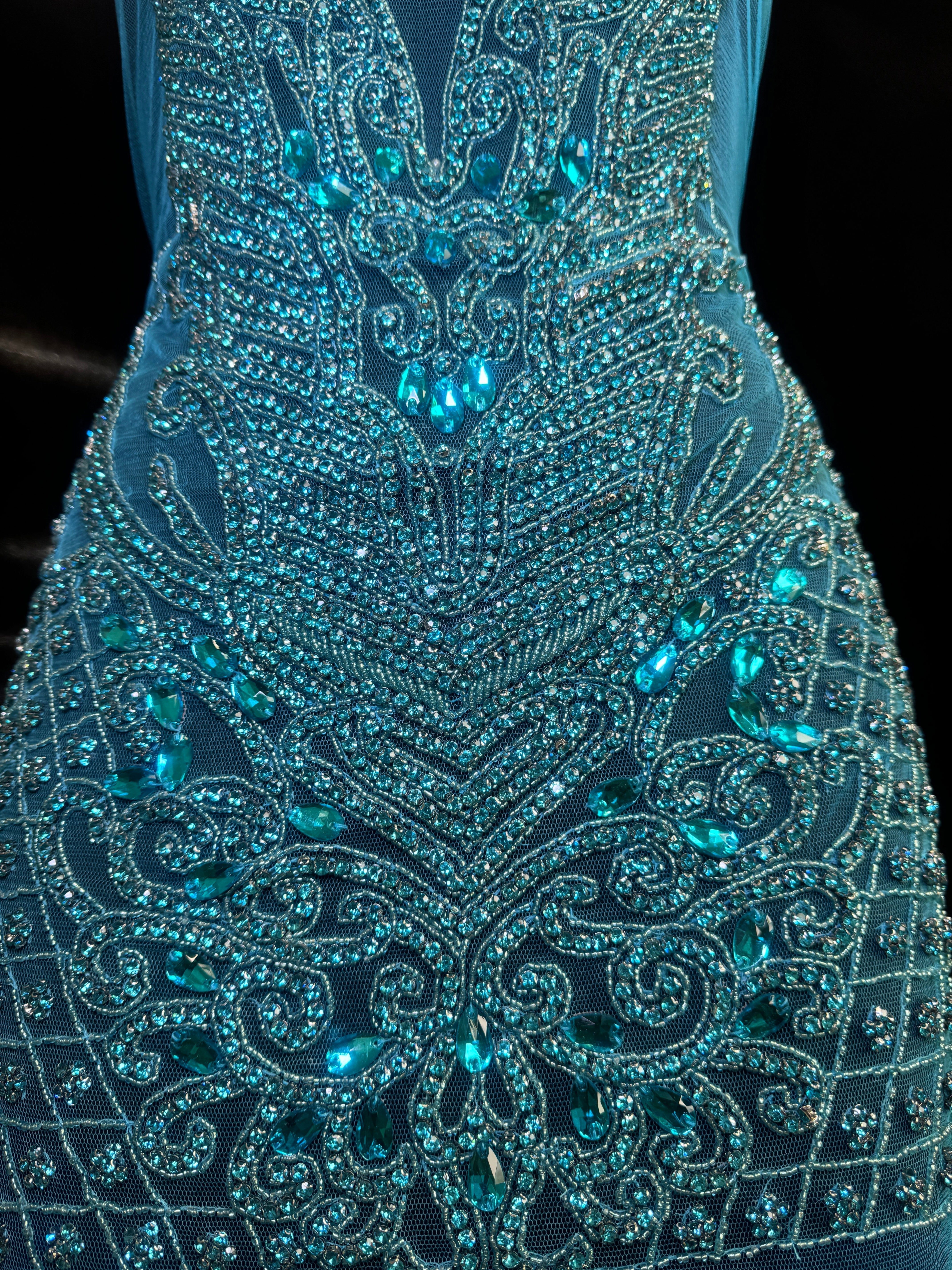 Brenda Turquoise Rhinestones Bodice Applique, Blue Rhinestones Applique, Embellished clothing, Rhinestone applications, Rhinestone embroidery, Rhinestone patch, Dress patch, Rhinestones for dress