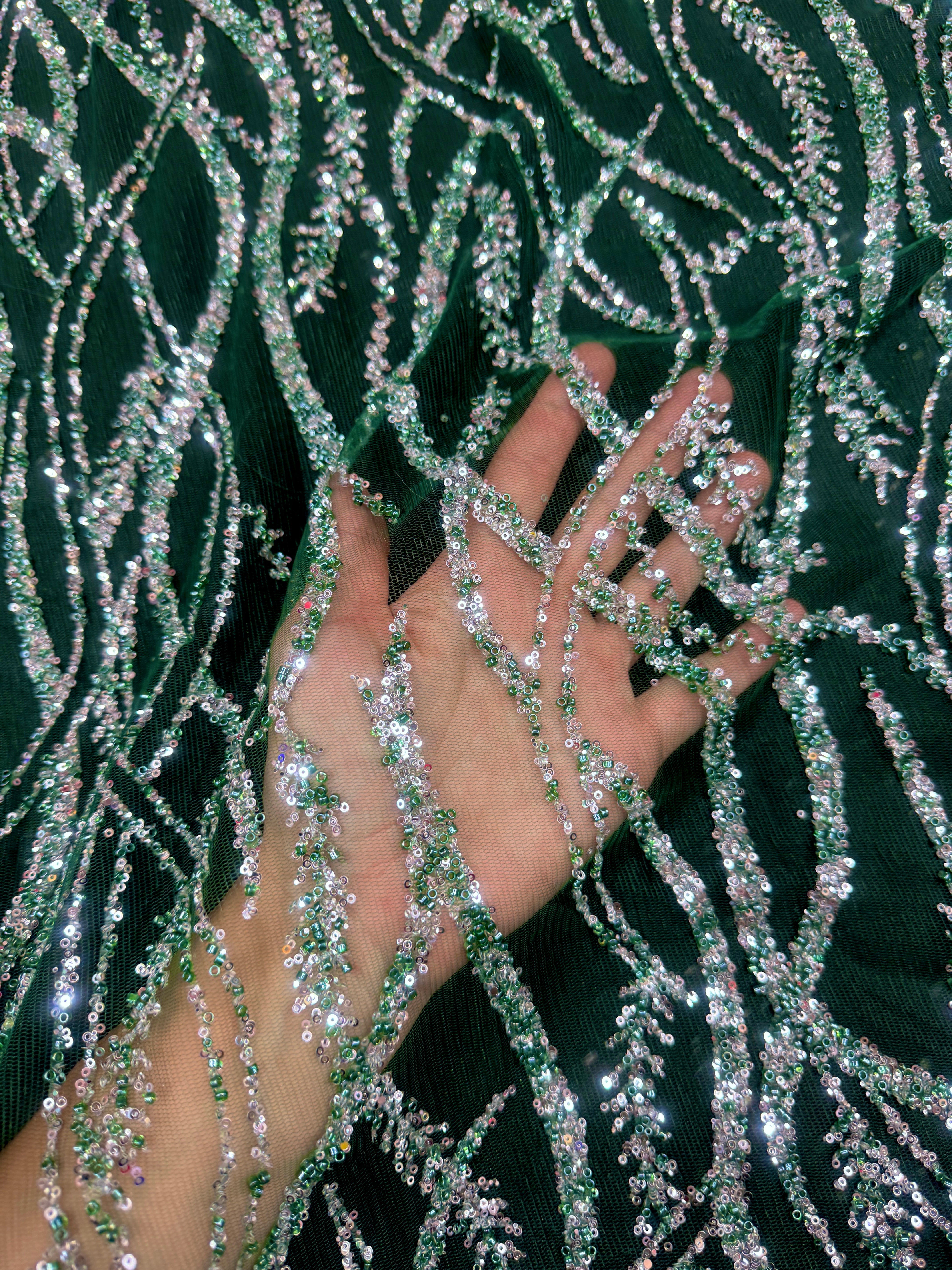 Emerald Green/Silver Wave Glitter Lace Mesh, online textile store, sewing, fabric store, sewing store, cheap fabric store, kiki textiles