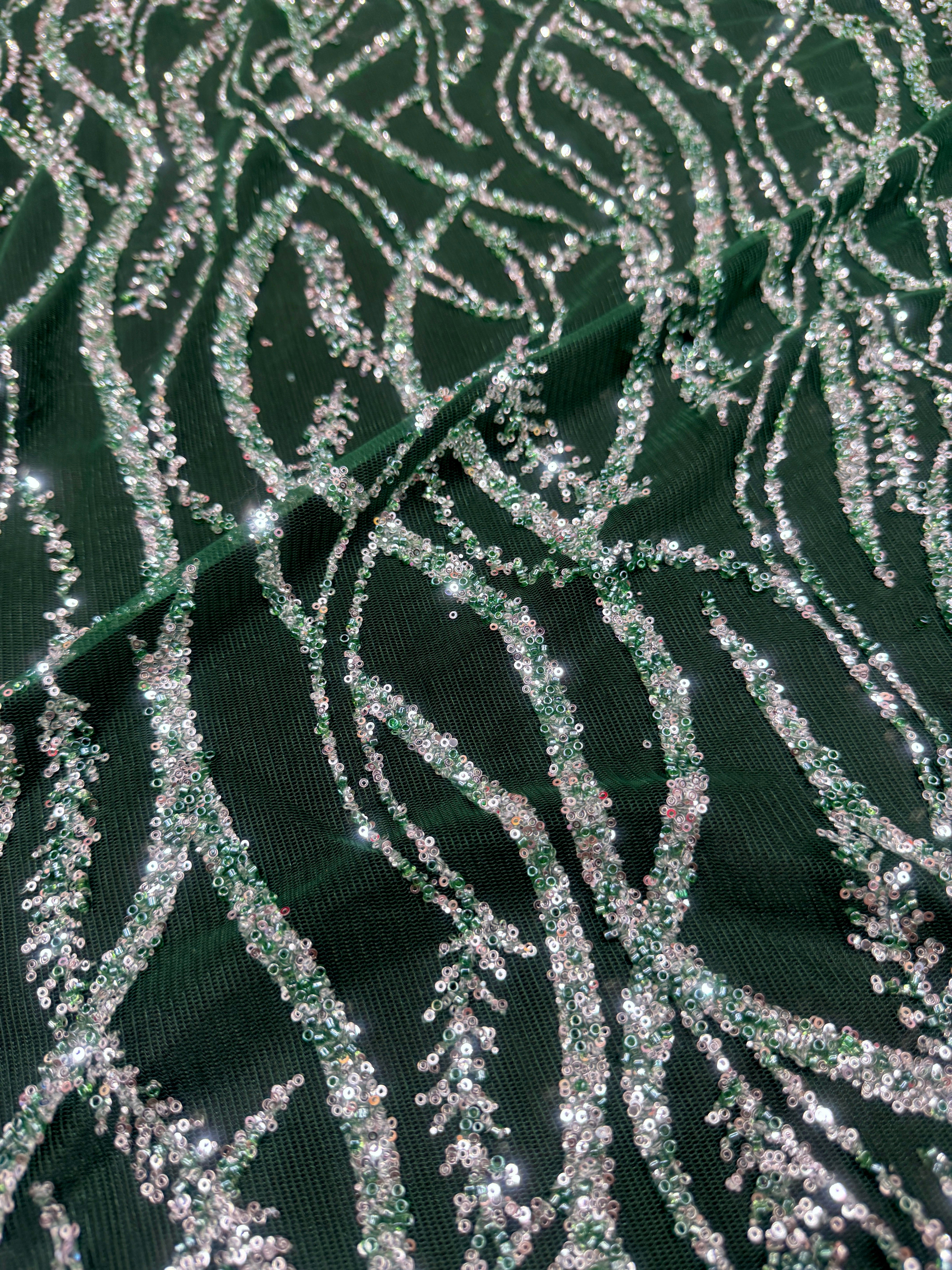 Emerald Green/Silver Wave Glitter Lace Mesh, online textile store, sewing, fabric store, sewing store, cheap fabric store, kiki textiles