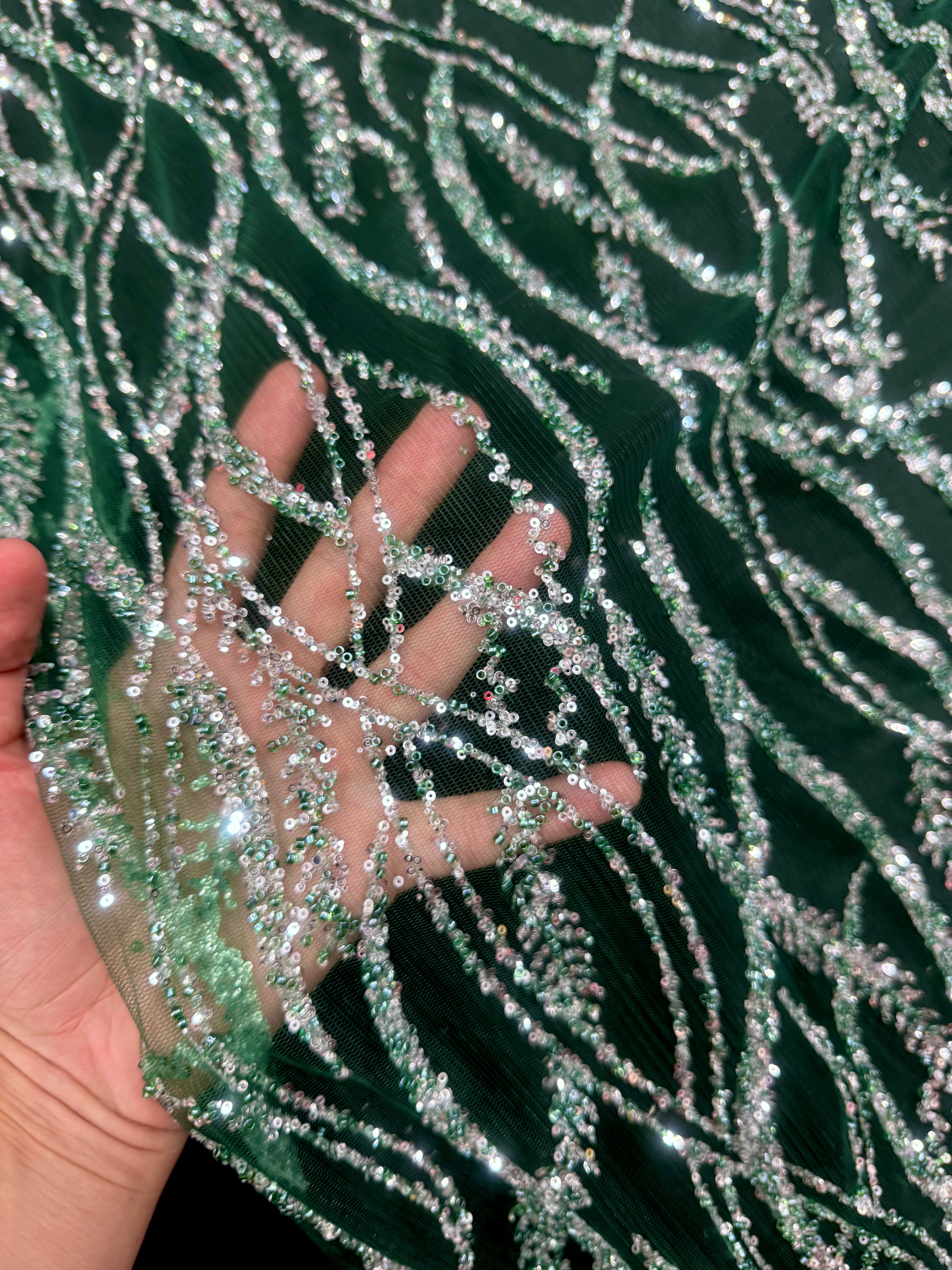 Emerald Green/Silver Wave Glitter Lace Mesh, online textile store, sewing, fabric store, sewing store, cheap fabric store, kiki textiles