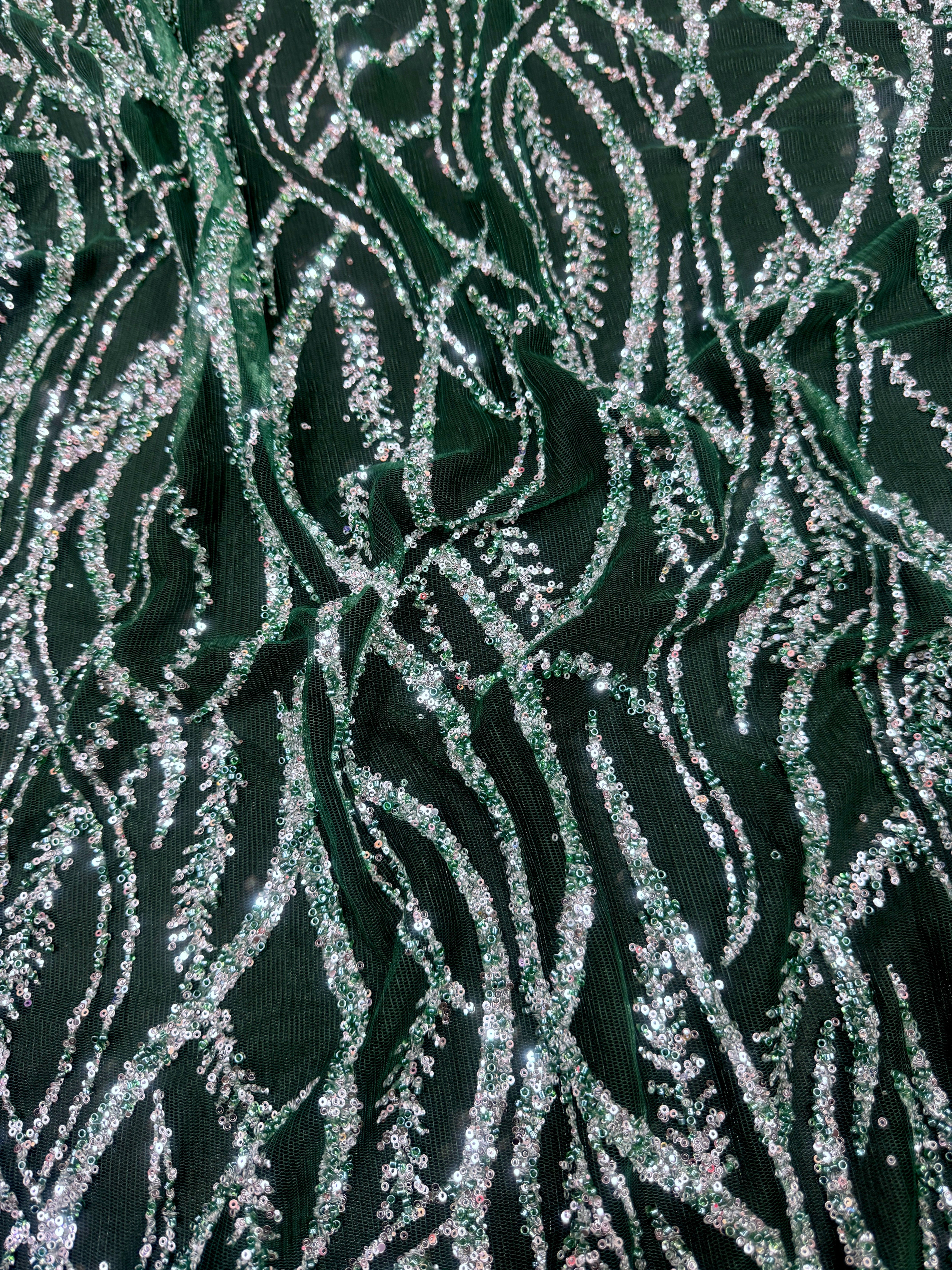 Emerald Green/Silver Wave Glitter Lace Mesh, Emerald Green lace mesh, nude lace mesh, lace mesh for woman, lace mesh for bride, lace mesh on sale, lace mesh on discount