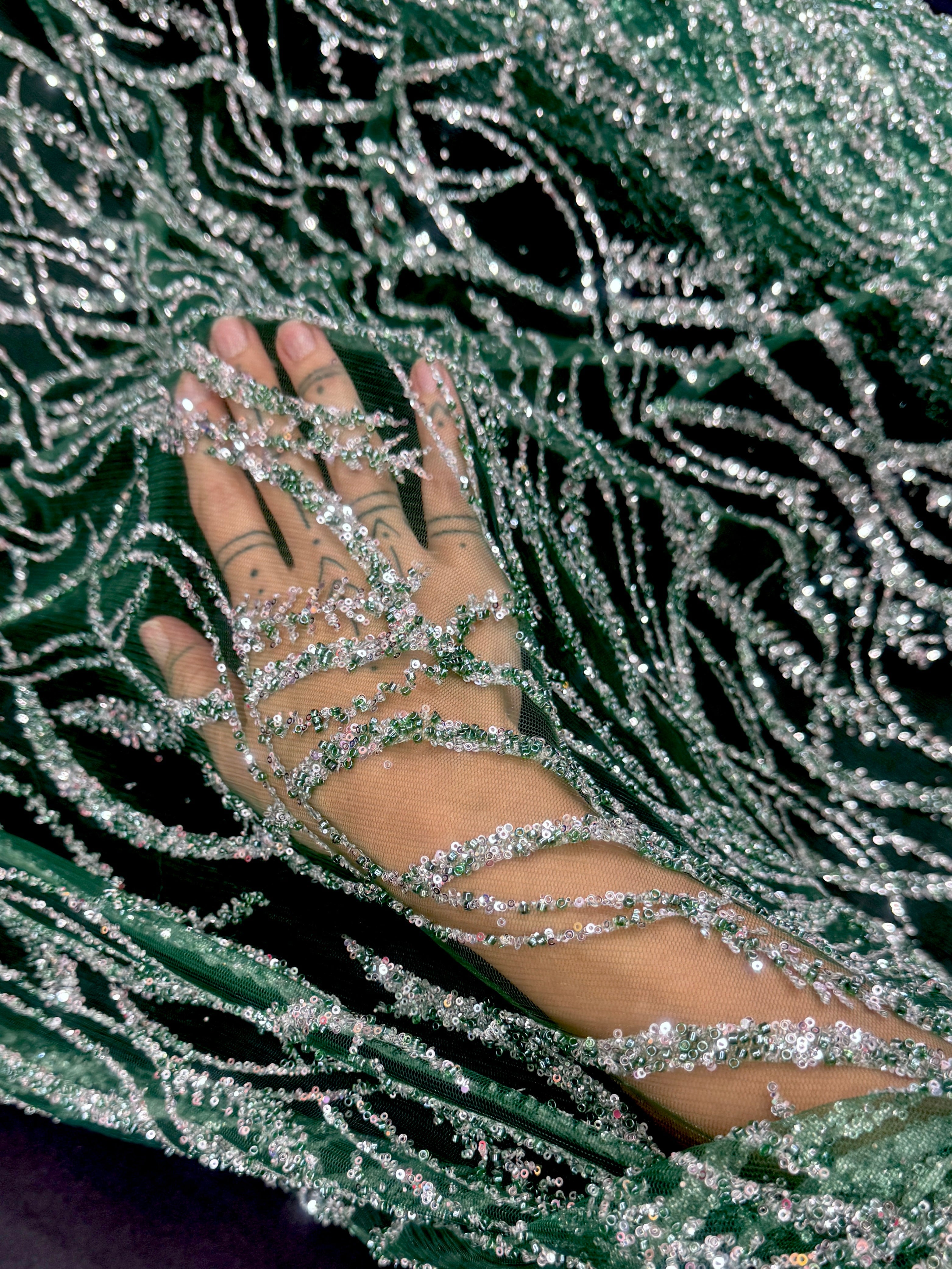 Emerald Green/Silver Wave Glitter Lace Mesh, online textile store, sewing, fabric store, sewing store, cheap fabric store, kiki textiles