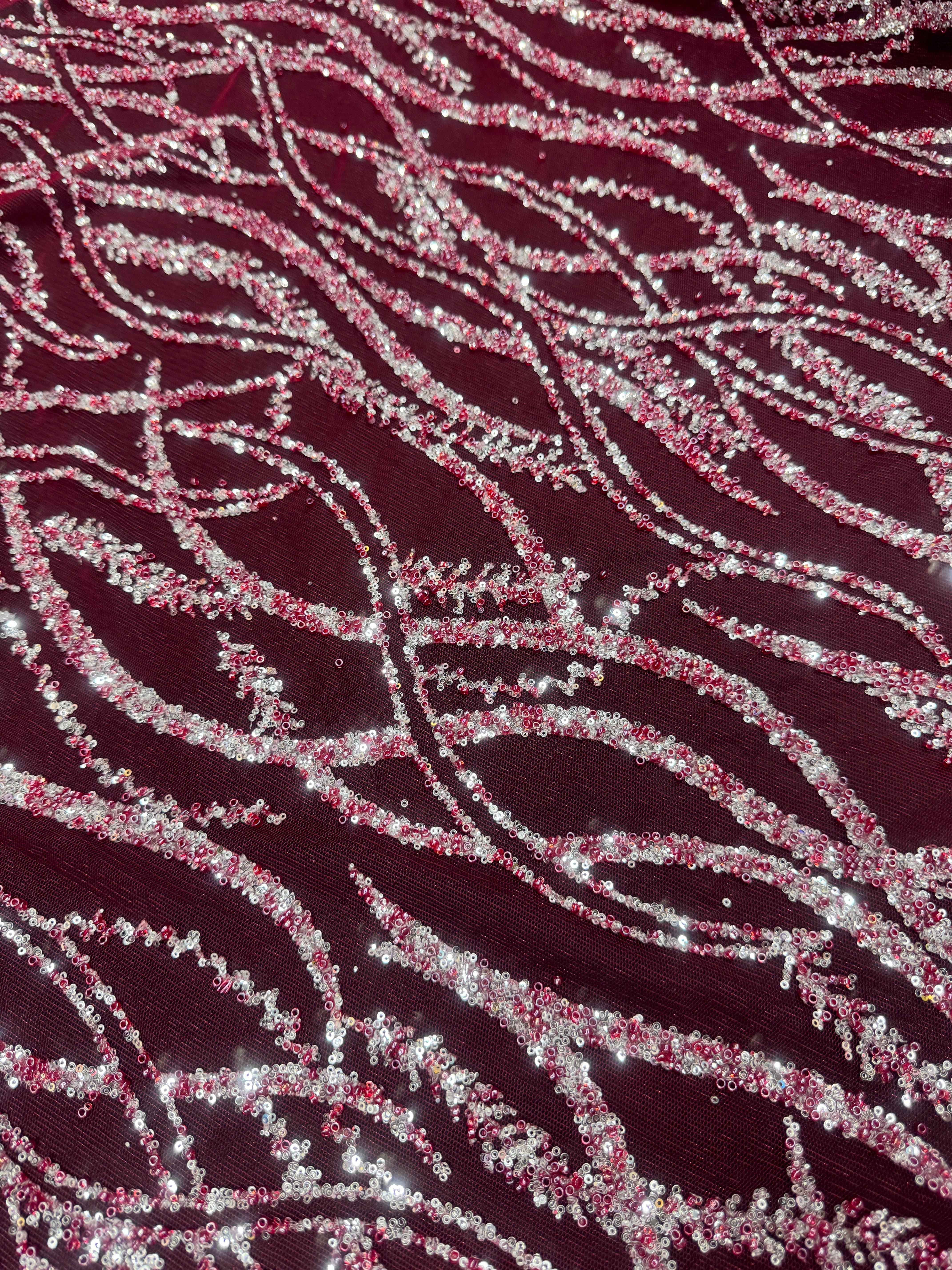 Red/Silver Wave Design Glitter Lace Mesh, online textile store, sewing, fabric store, sewing store, cheap fabric store, kiki textiles