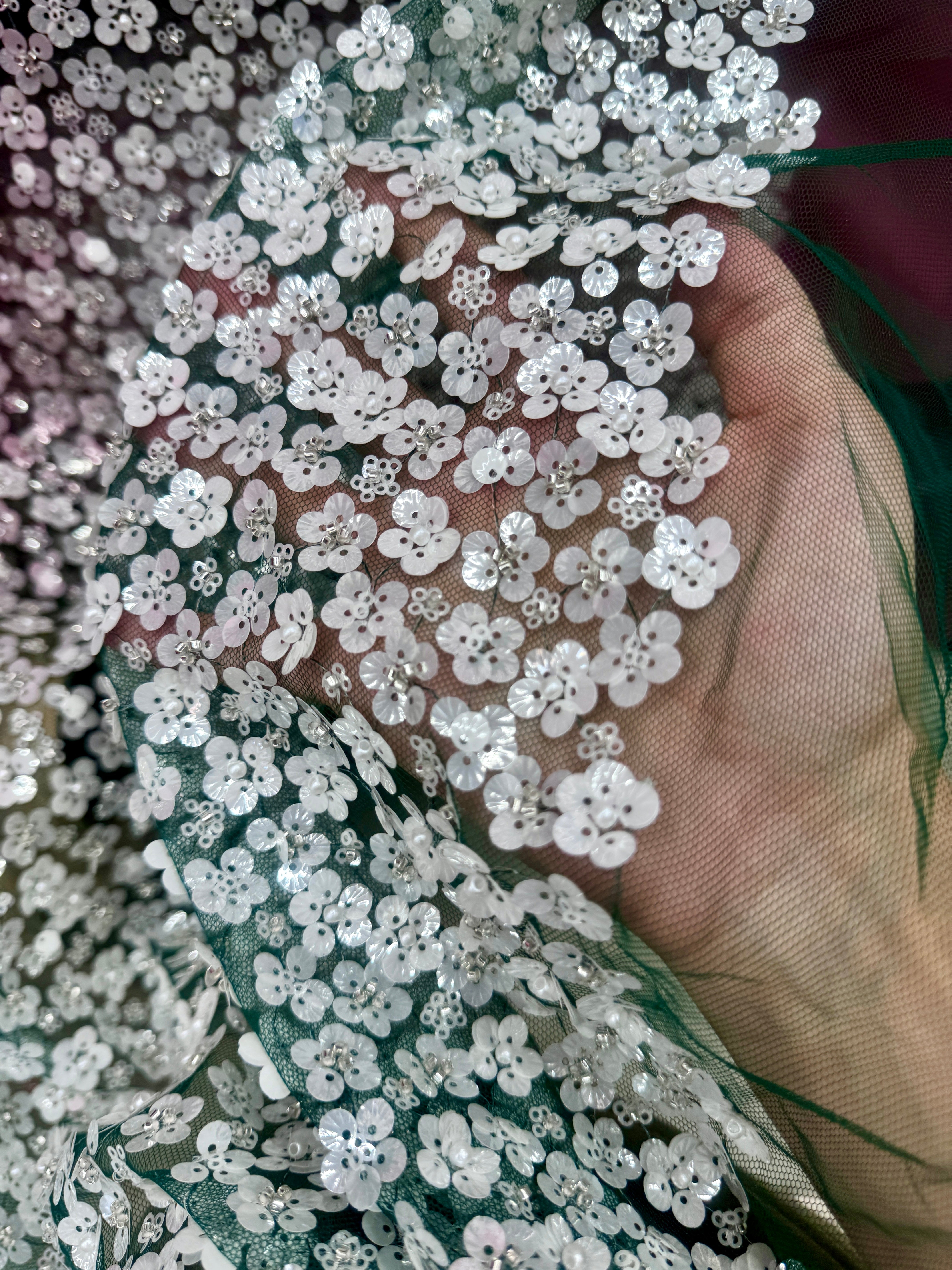 3D White Sequin Flowers on Hunter Green Mesh,online textile store, sewing, fabric store, sewing store, cheap fabric store, kiki textiles