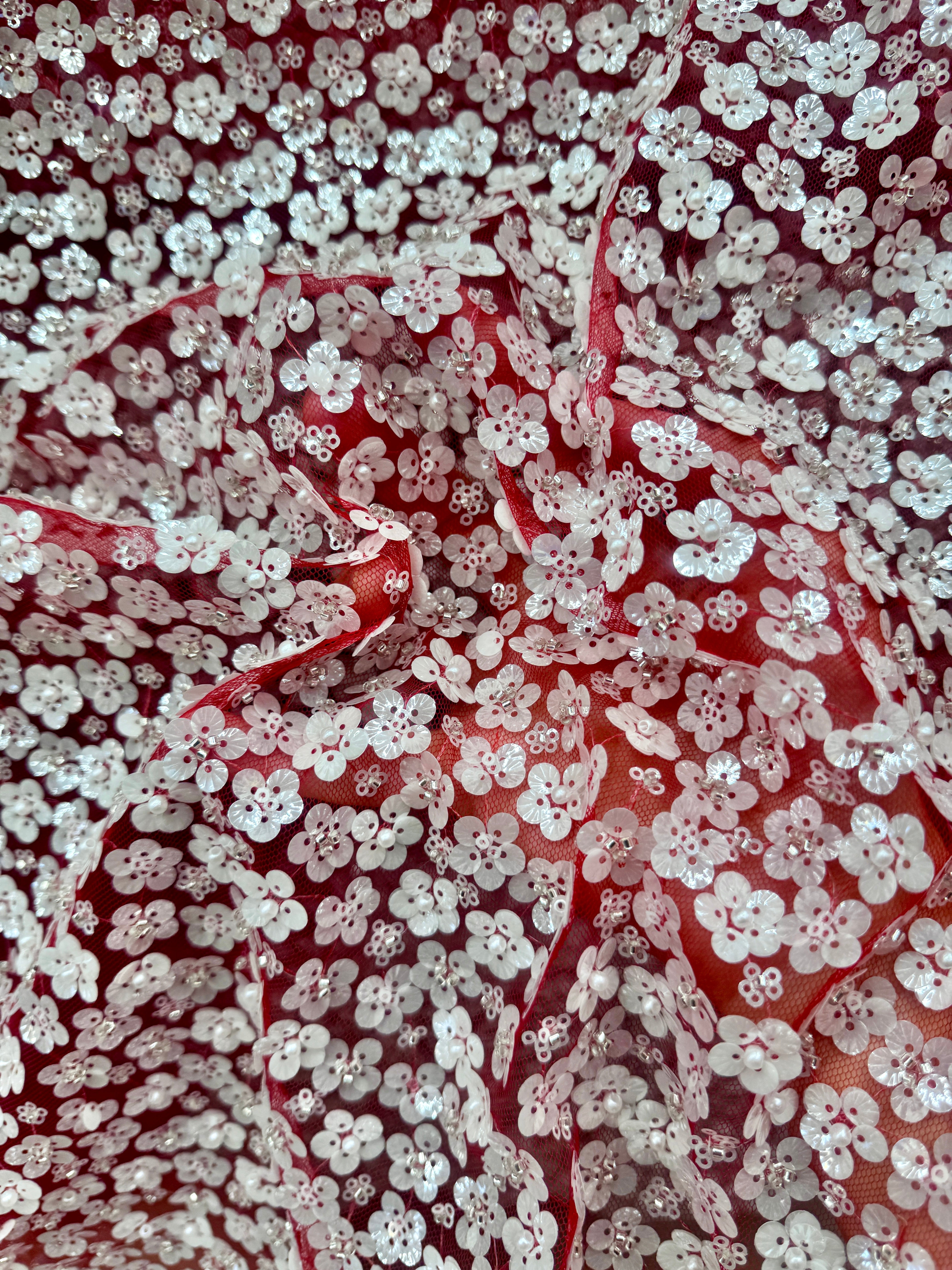 3D White Sequin Flowers on Red Mesh,online textile store, sewing, fabric store, sewing store, cheap fabric store, kiki textiles