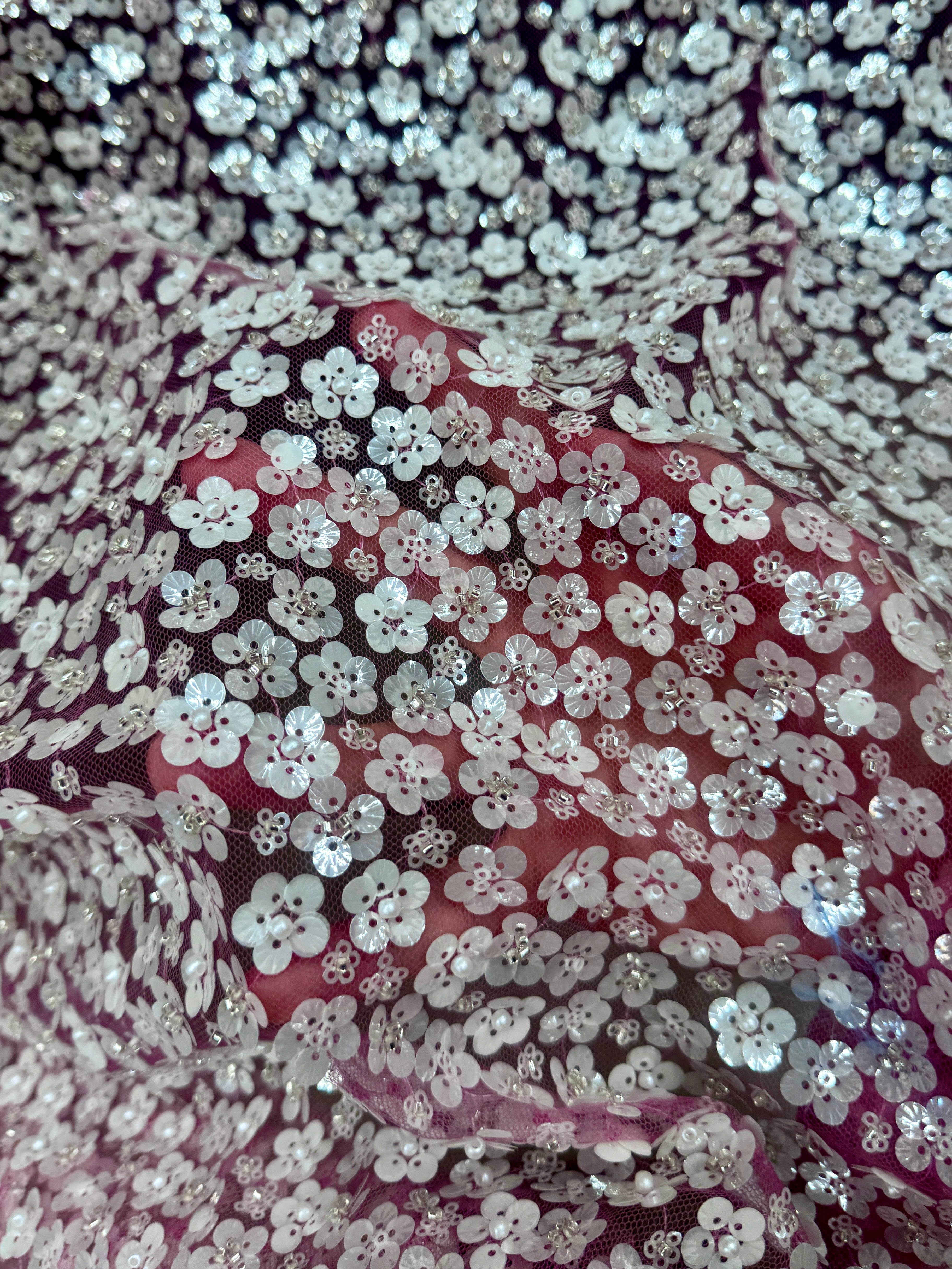 3D White Sequin Flowers on Baby Pink Mesh, online textile store, sewing, fabric store, sewing store, cheap fabric store, kiki textiles