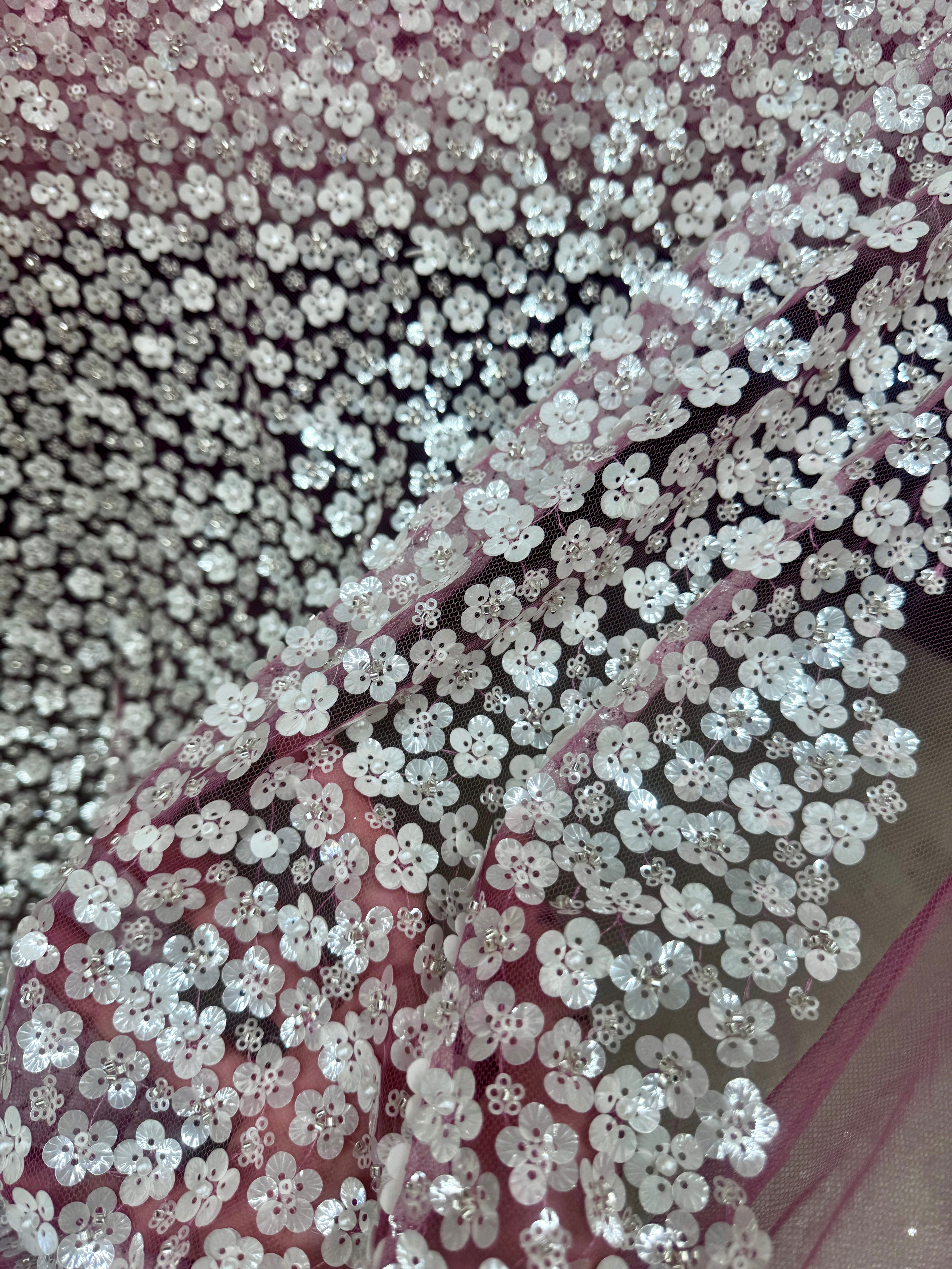 3D White Sequin Flowers on Baby Pink Mesh, online textile store, sewing, fabric store, sewing store, cheap fabric store, kiki textiles