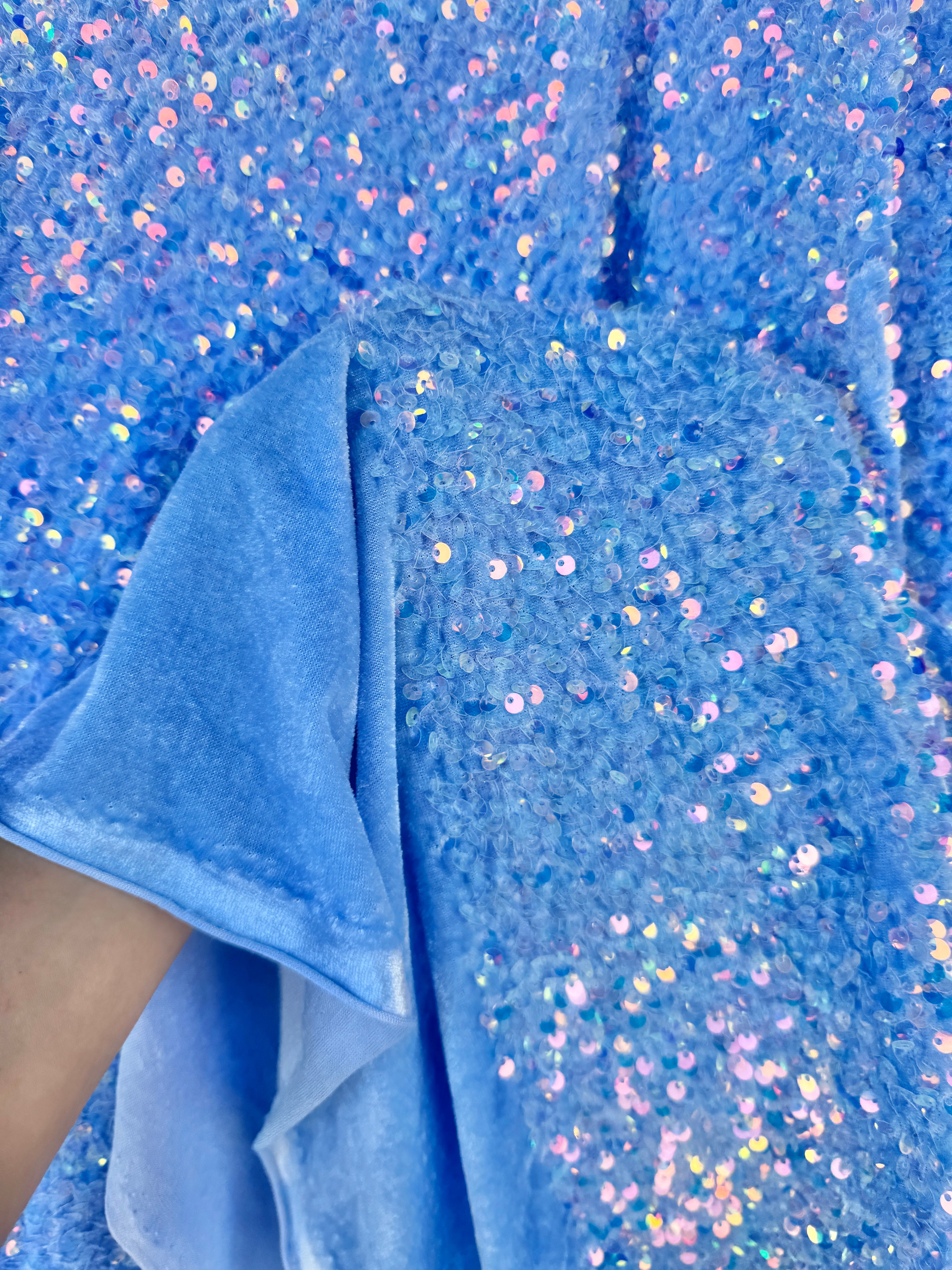 Baby Blue Sequin on Velvet, blue Sequin on velvet, baby blue Sequin on velvet, Stretch Sequin Mesh, Stretch Sequin velvet for woman,  Stretch Sequin velvet for bride, Stretch Sequin velvet on sale, Stretch Sequin velvet on discount, Stretch Sequin velvet online