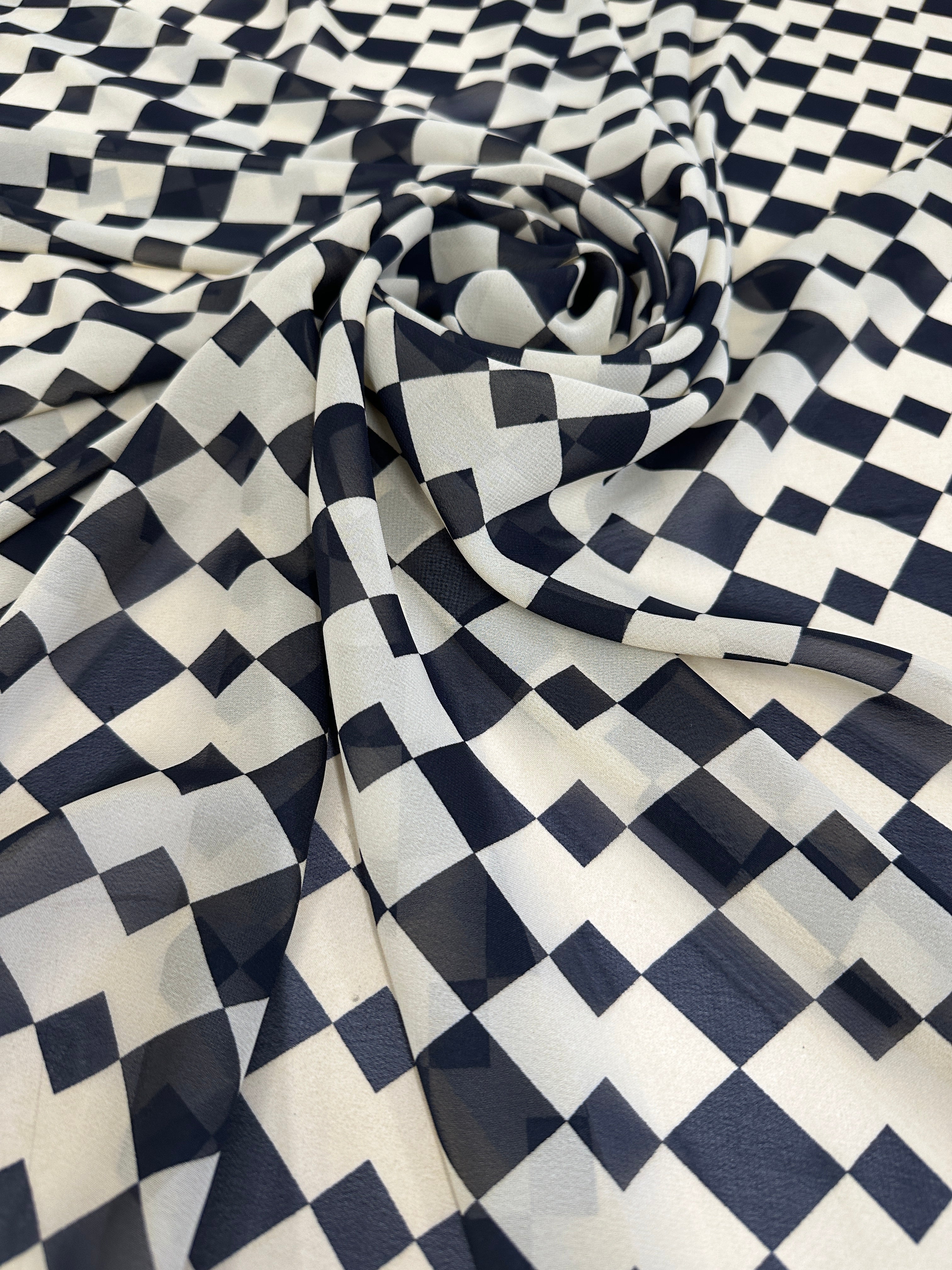 Ivory Black Checkers Viscose Chiffon, online textile store, sewing, fabric store, sewing store, cheap fabric store, kiki textiles