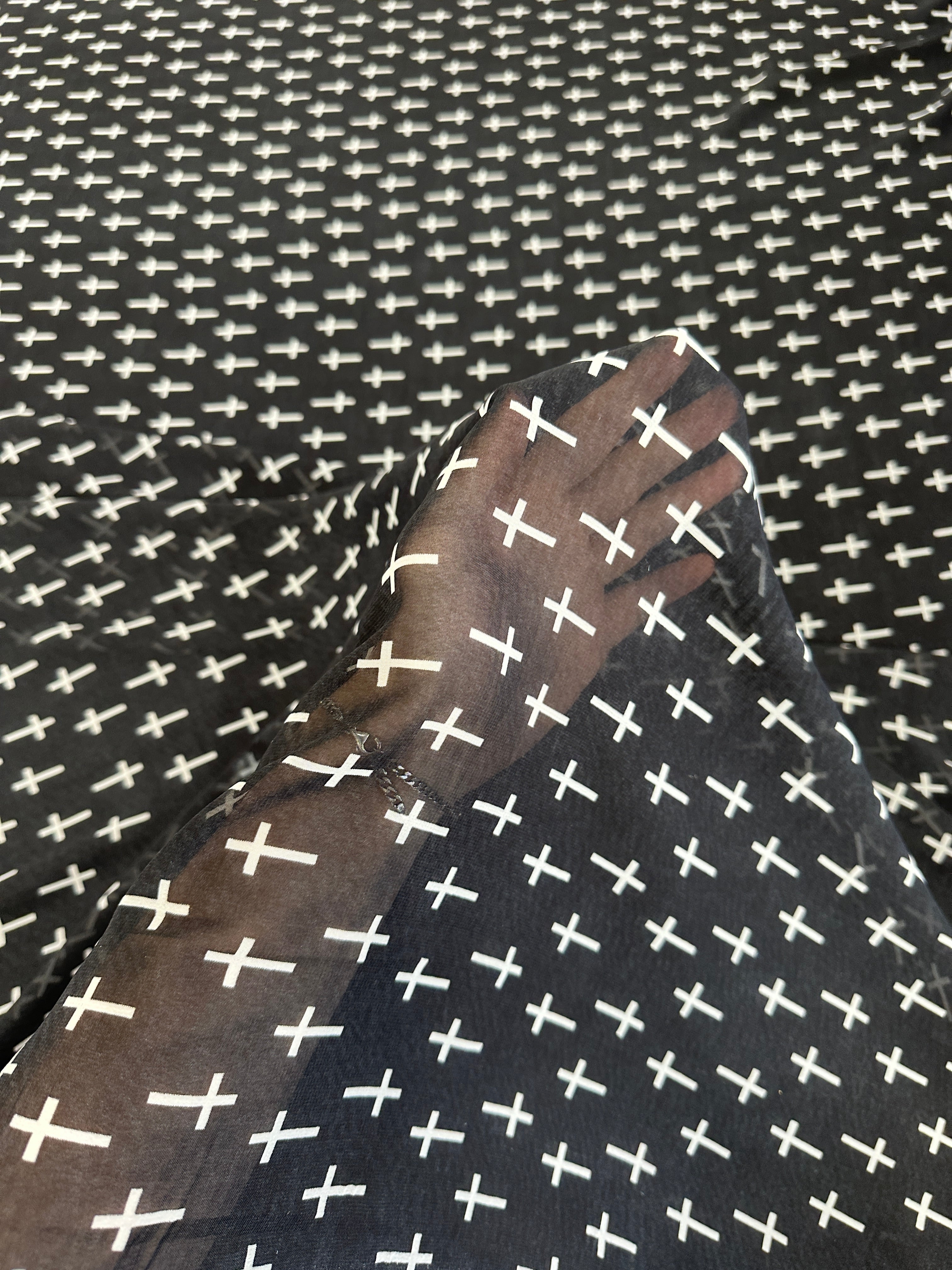 Black and White Cross Print Chiffon, online textile store, sewing, fabric store, sewing store, cheap fabric store, kiki textiles