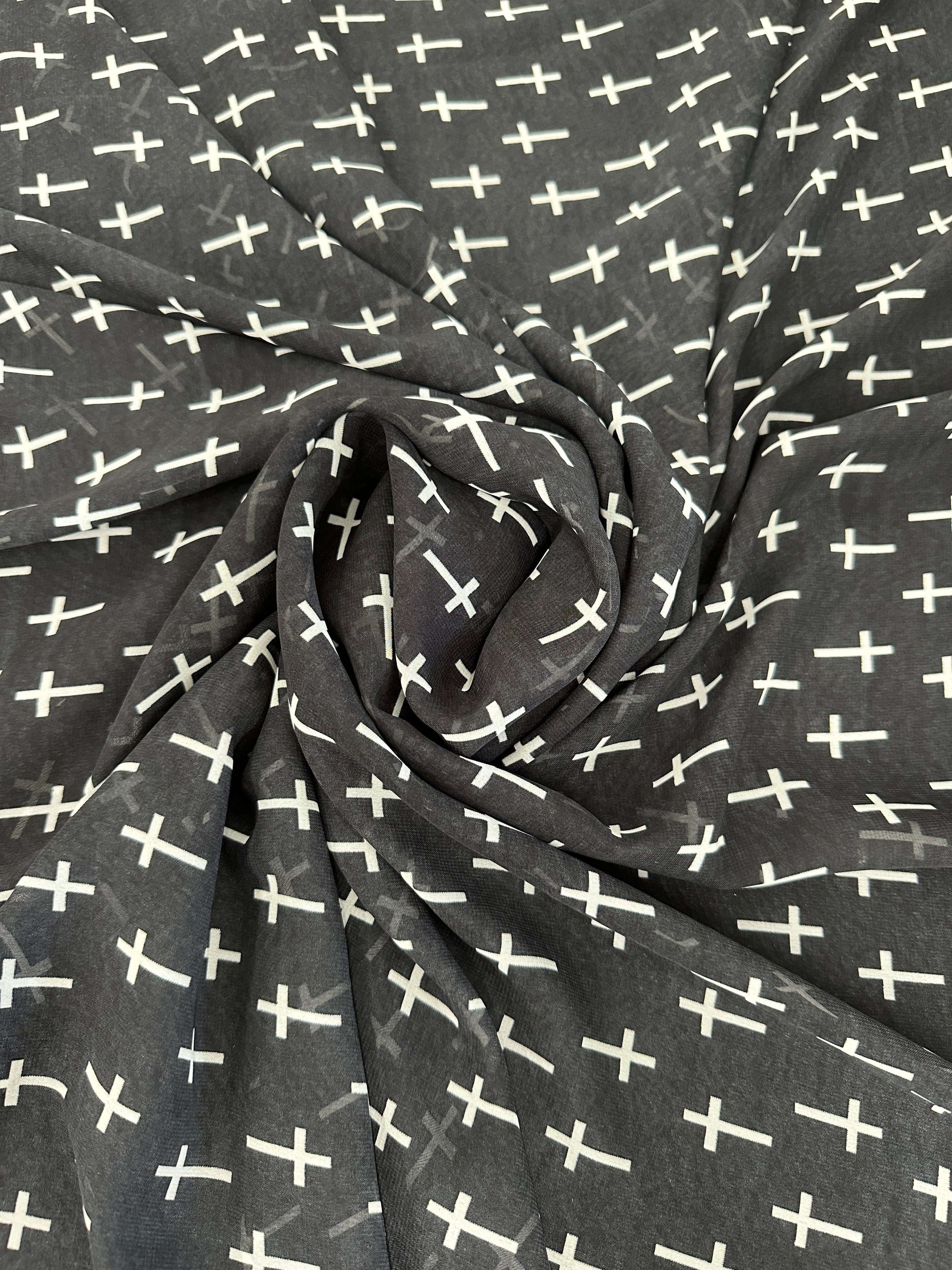 Black and White Cross Print Chiffon, online textile store, sewing, fabric store, sewing store, cheap fabric store, kiki textiles
