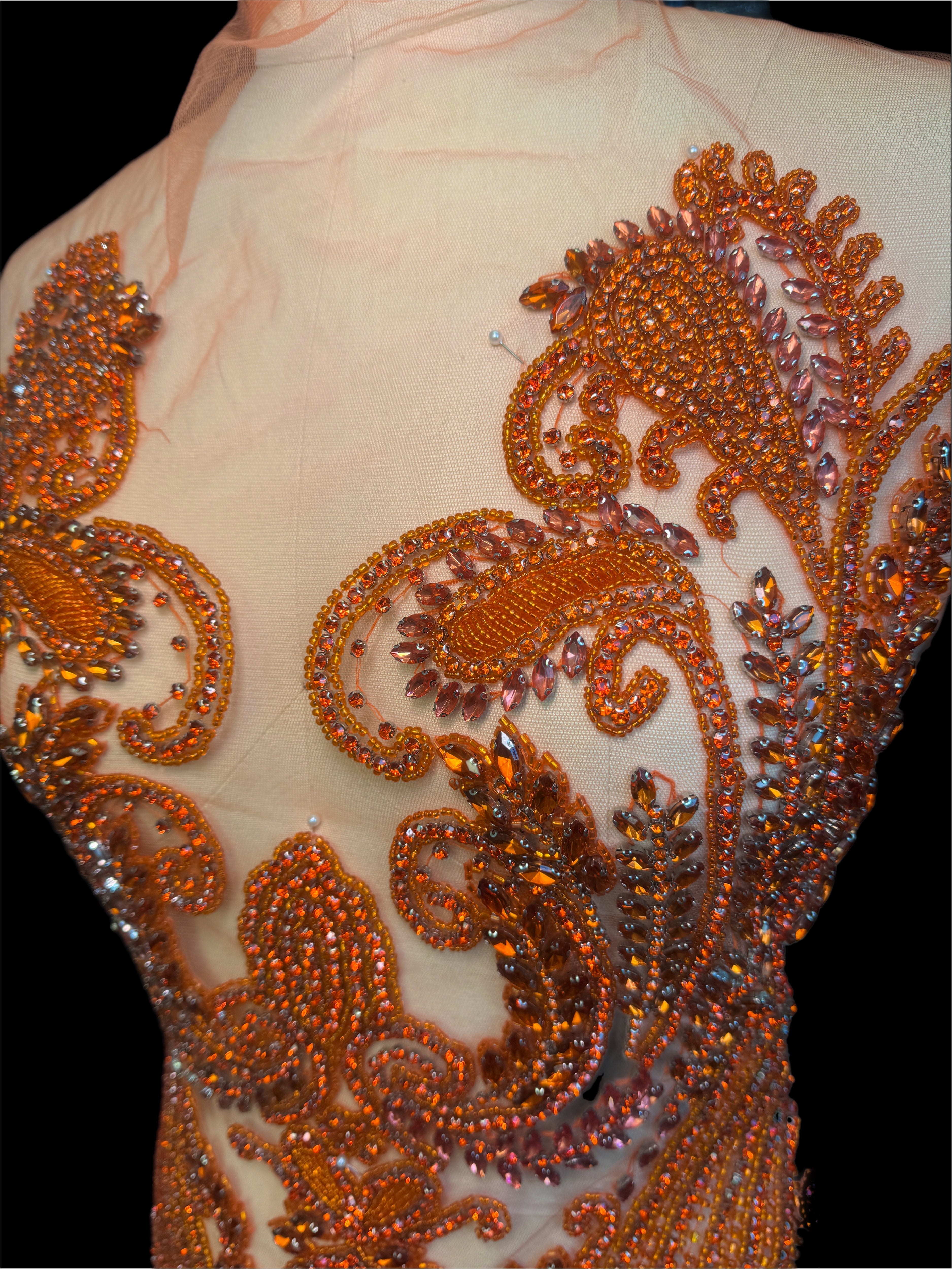 Deborah Orange Rhinestones Bodice Applique, orange rhinestone, light orange rhinestone, dark orange rhinestone  