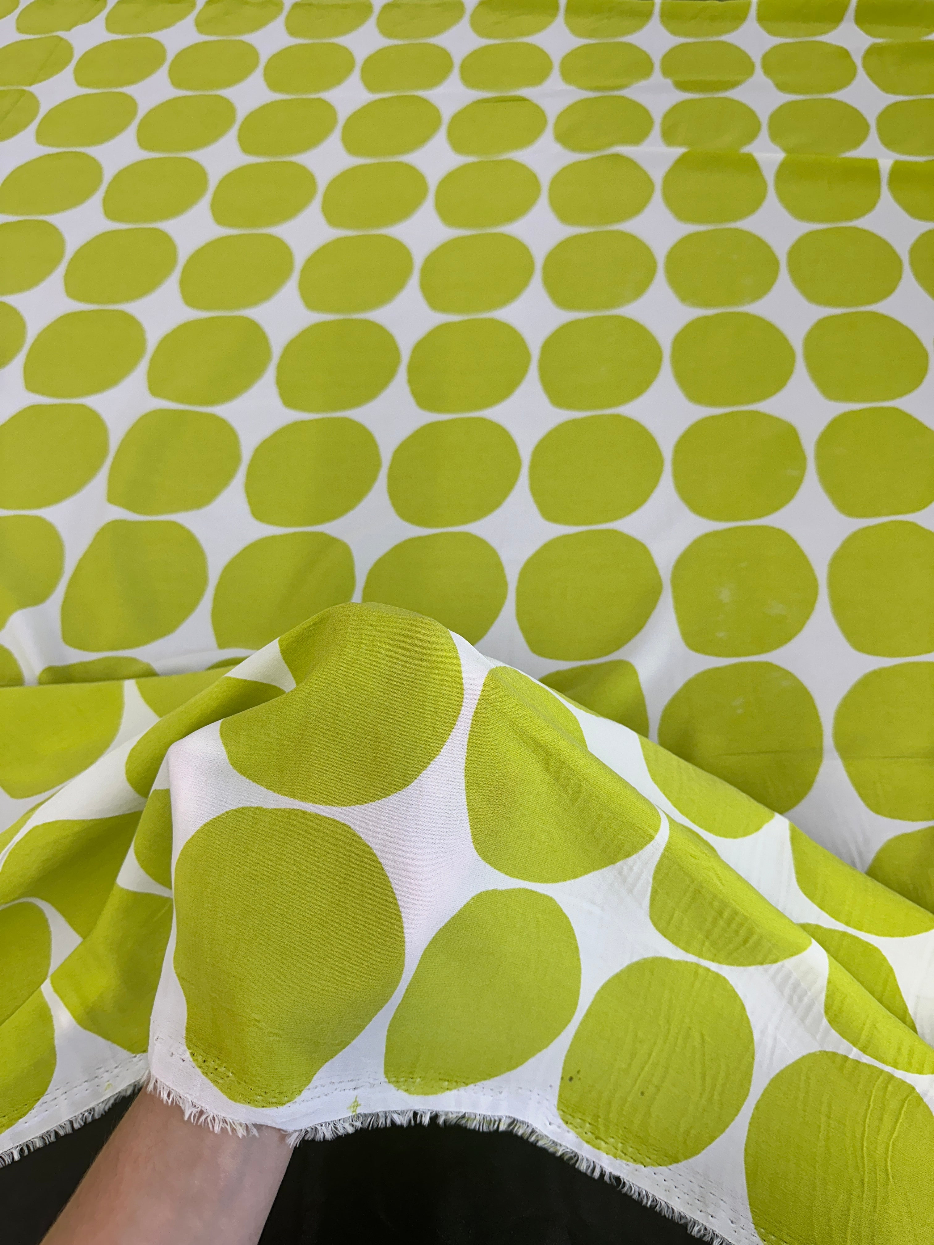 Lime and White Circle Print Viscose Rayon, online textile store, sewing, fabric store, sewing store, cheap fabric store, kiki textiles