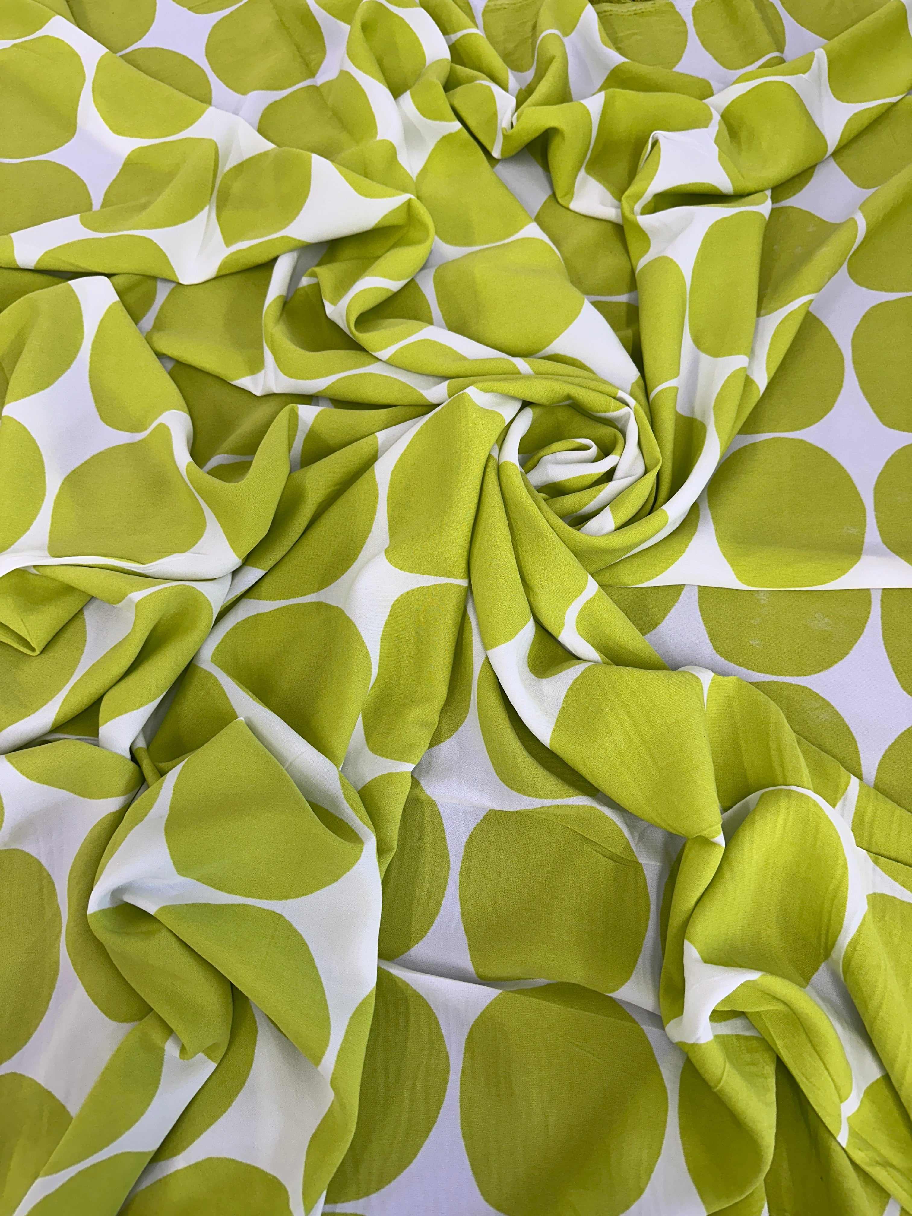 Lime and White Circle Print Viscose Rayon, online textile store, sewing, fabric store, sewing store, cheap fabric store, kiki textiles