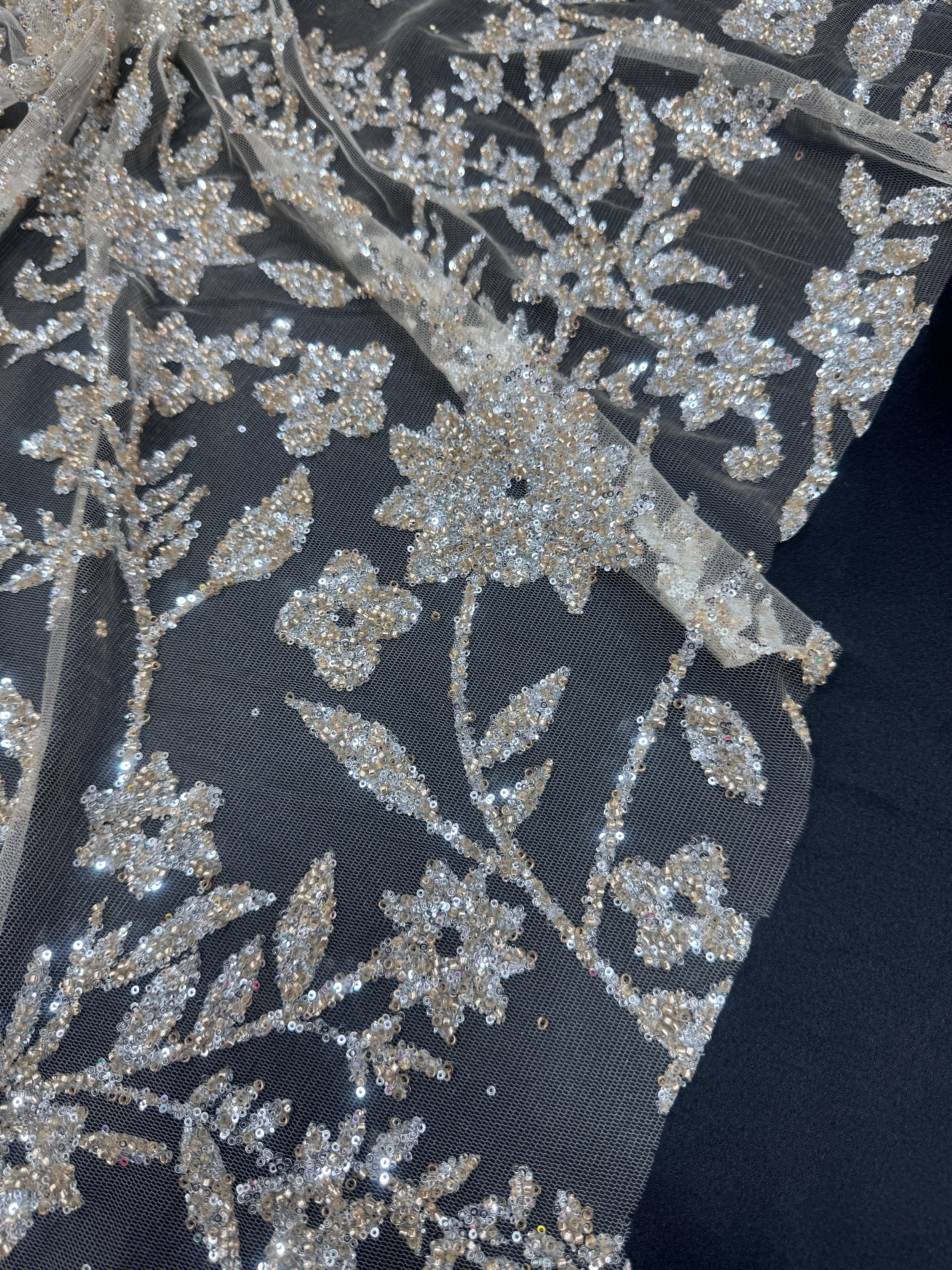 Silver Champagne Beaded Floral Lace, online textile store, sewing, fabric store, sewing store, cheap fabric store, kiki textiles