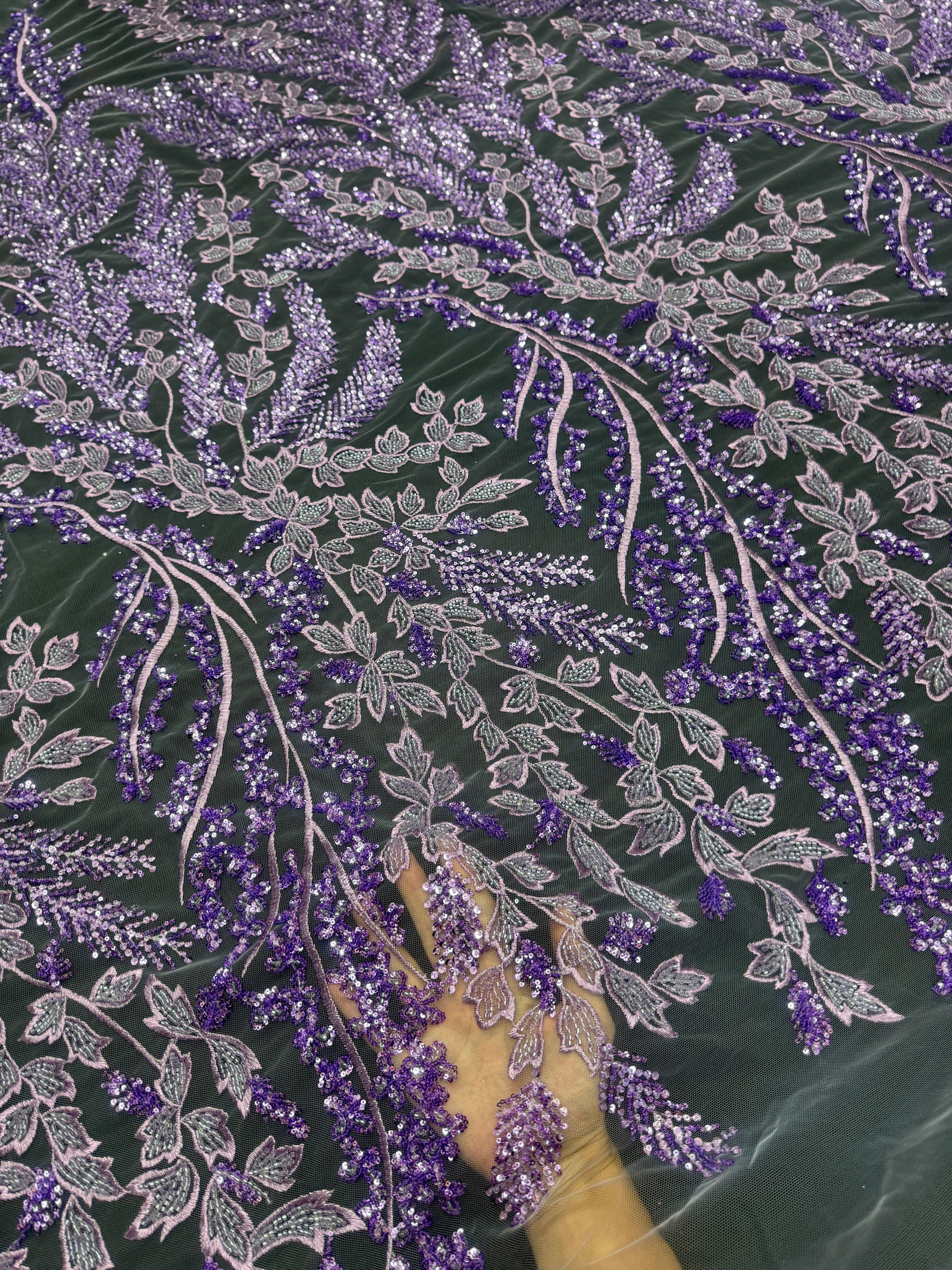 Lavender Leaves Beaded Embroidered Lace, online textile store, sewing, fabric store, sewing store, cheap fabric store, kiki textiles