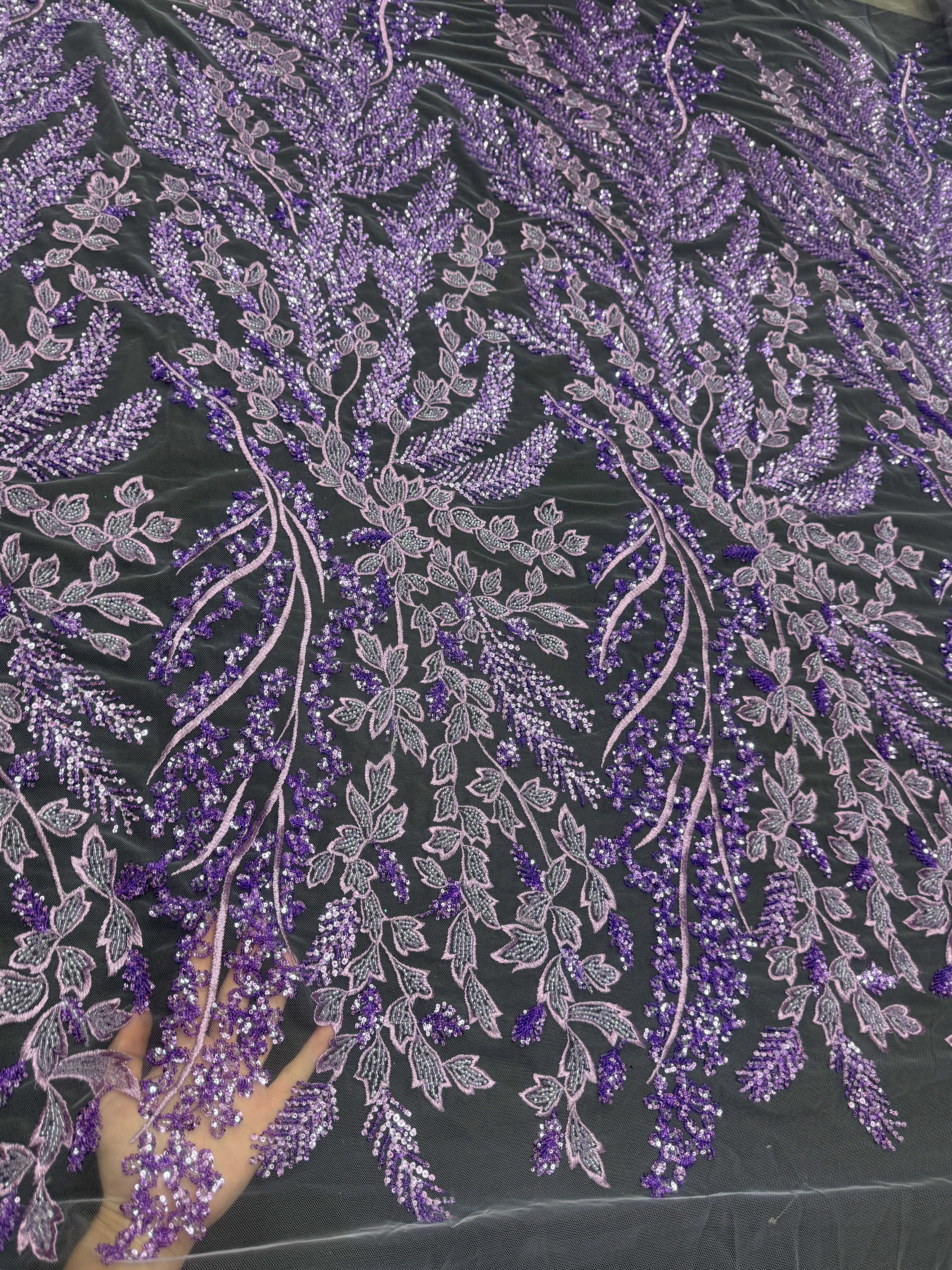 Lavender Leaves Beaded Embroidered Lace, online textile store, sewing, fabric store, sewing store, cheap fabric store, kiki textiles