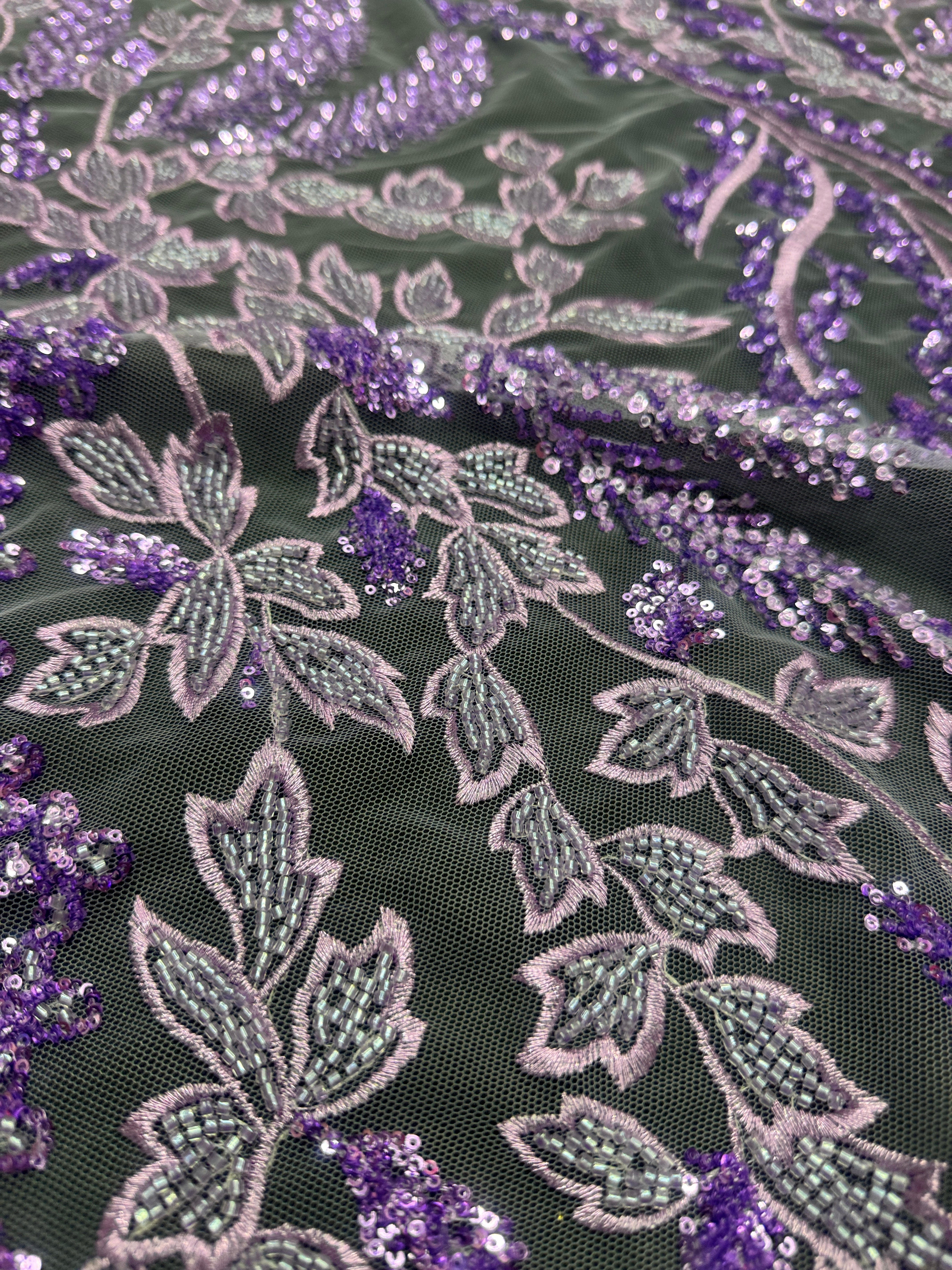 Lavender Leaves Beaded Embroidered Lace, Lavender lace, Embroidered Lace, nude lace mesh, lace for woman, lace for bride, lace on sale, lace on discount