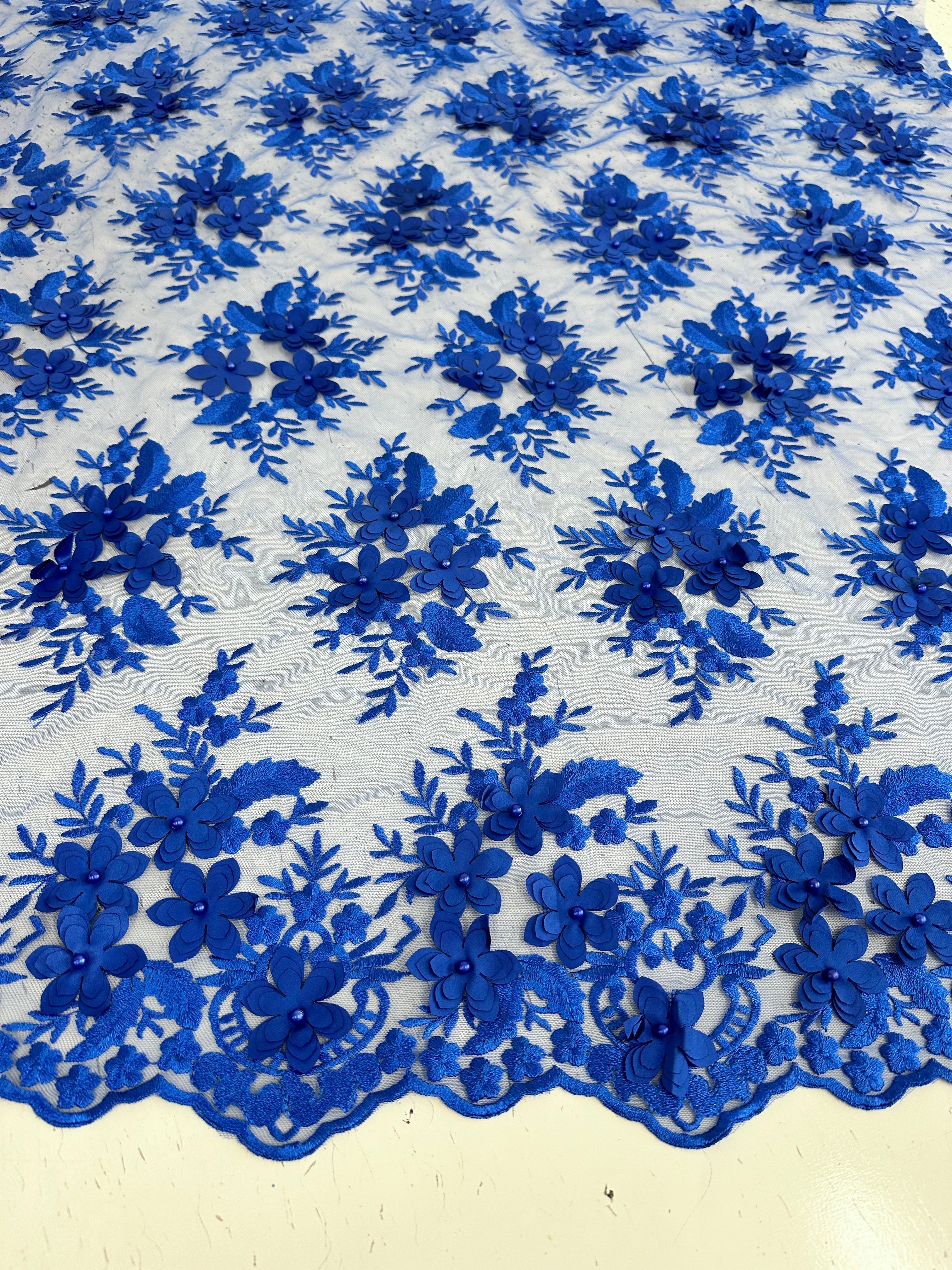 Royal Blue 3D Floral Scalloped Mesh Lace, sewing, fabric store, sewing store, cheap fabric store, kiki textiles