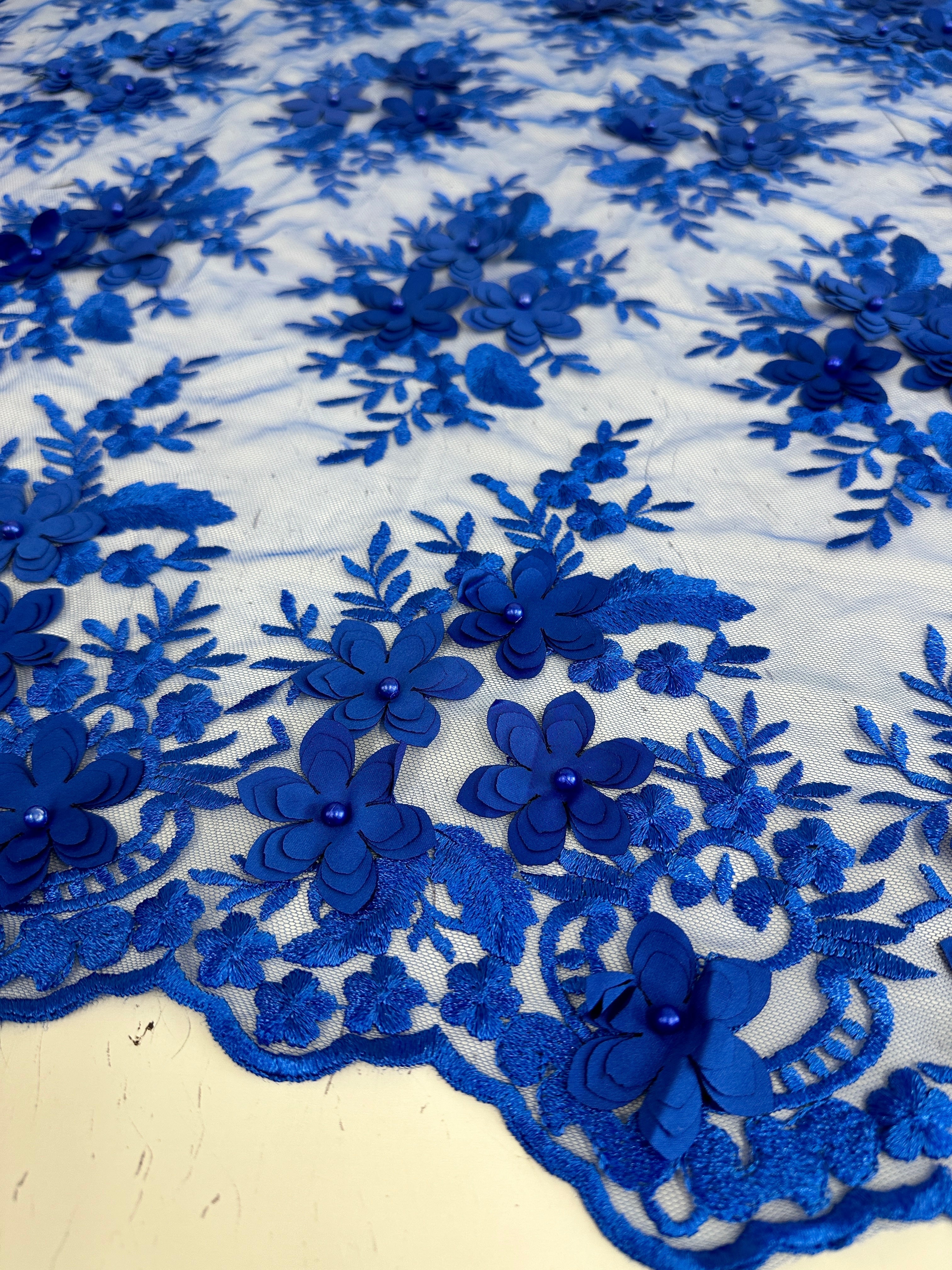 Royal Blue 3D Floral Scalloped Mesh Lace, sewing, fabric store, sewing store, cheap fabric store, kiki textiles