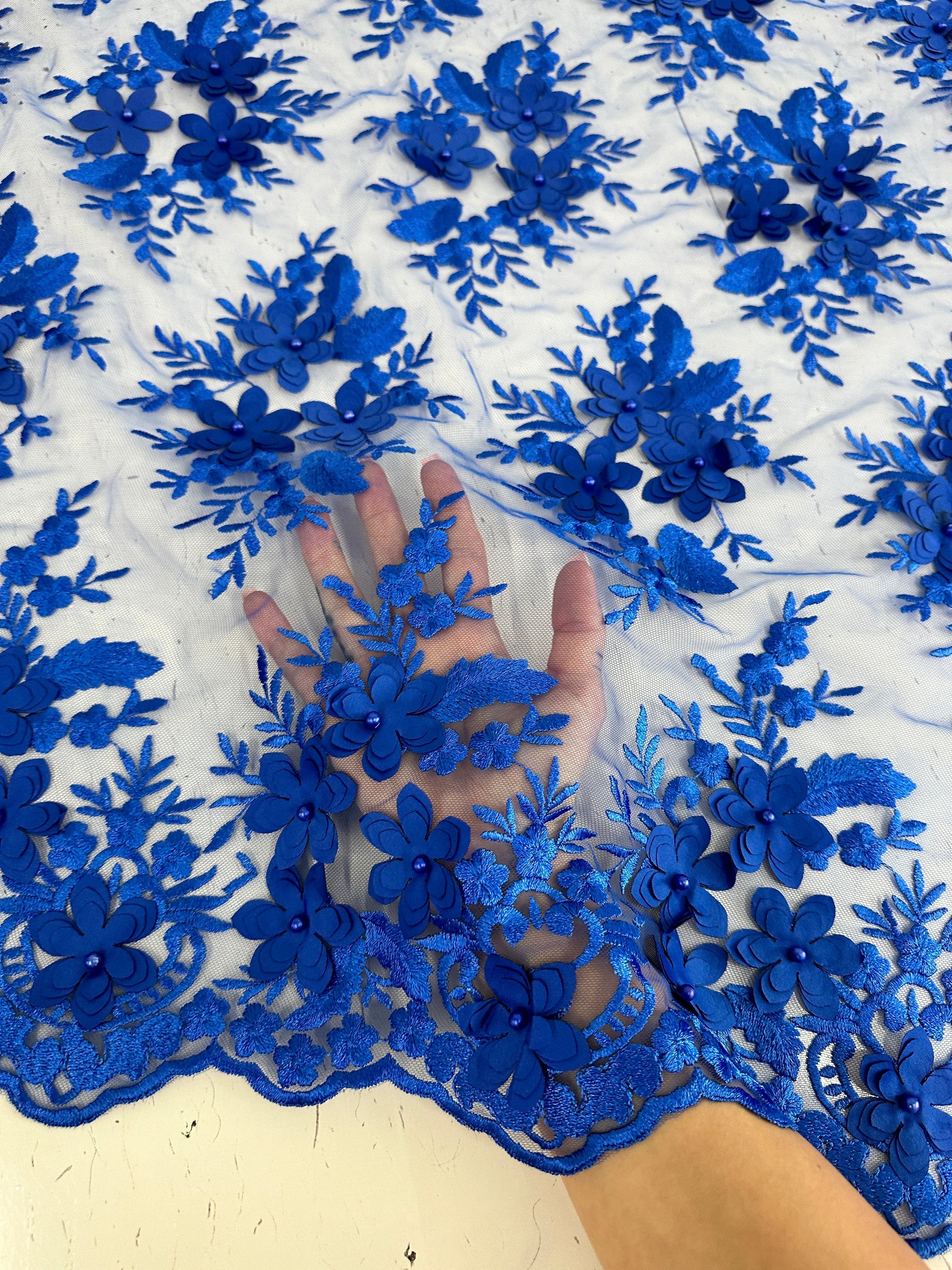 Royal Blue 3D Floral Scalloped Mesh Lace, sewing, fabric store, sewing store, cheap fabric store, kiki textiles