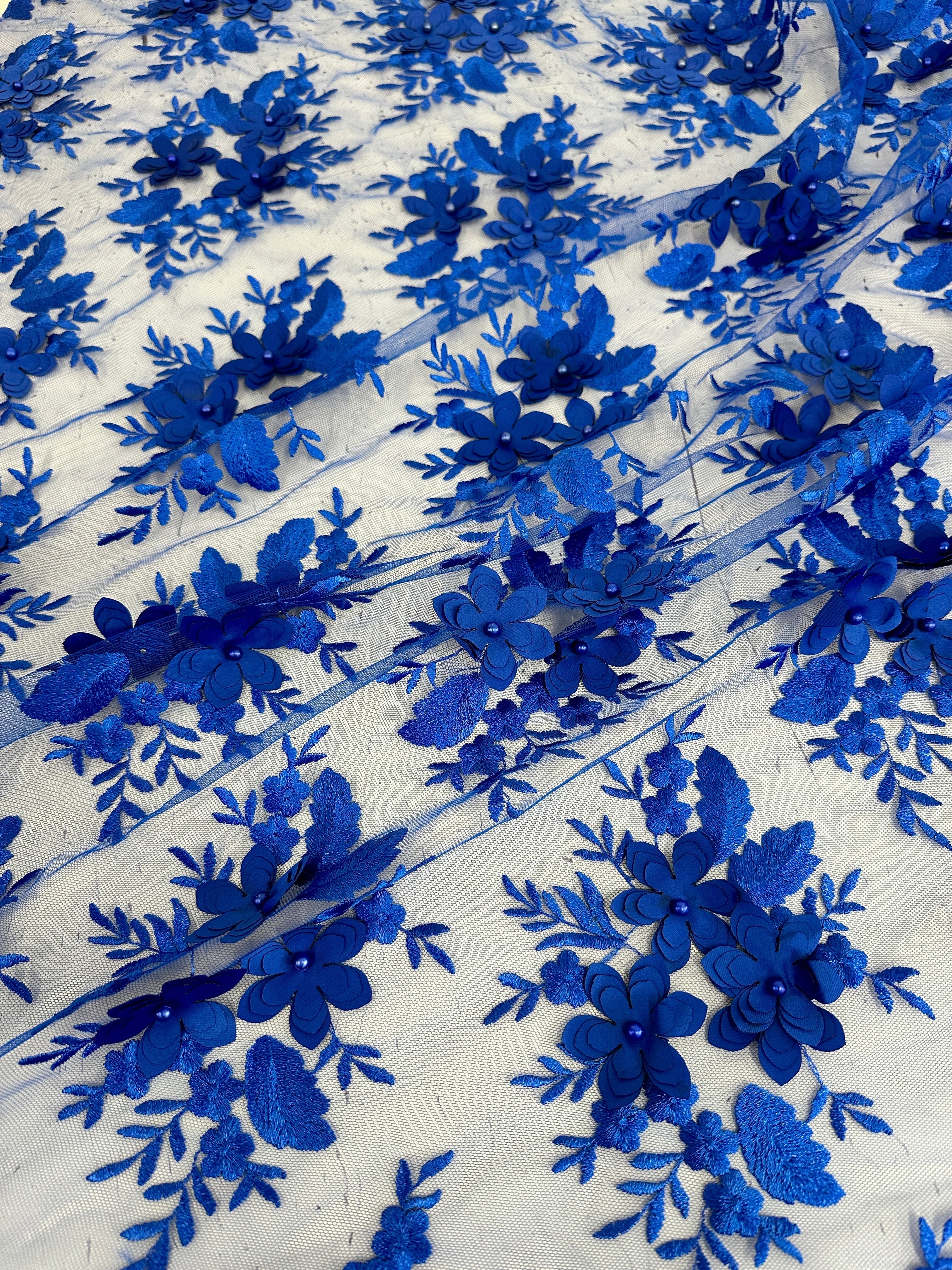 Royal Blue 3D Floral Scalloped Mesh Lace, sewing, fabric store, sewing store, cheap fabric store, kiki textiles