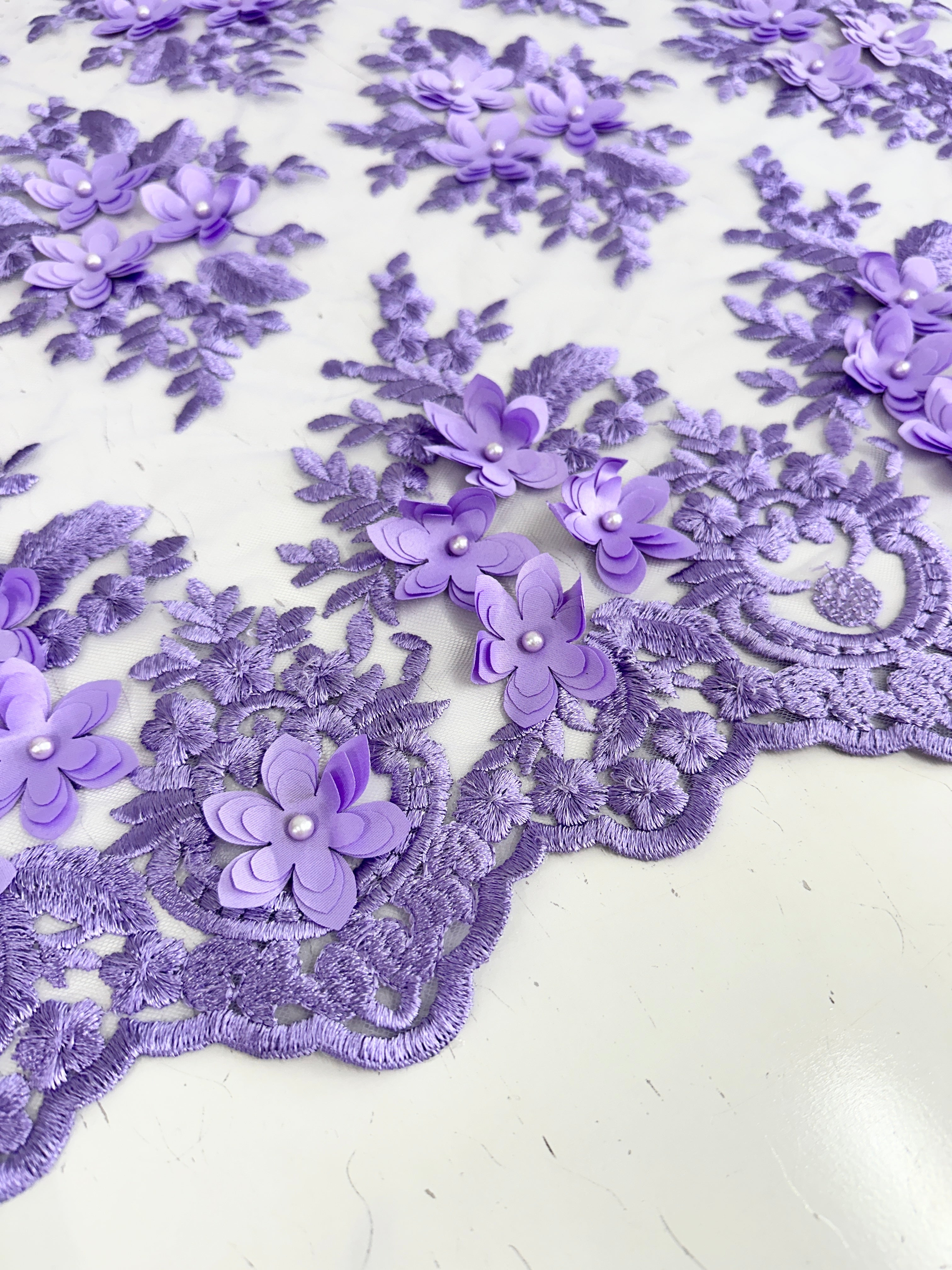 Lavender 3D Flower Scalloped Mesh Lace, online textile store, sewing, fabric store, sewing store, cheap fabric store, kiki textiles