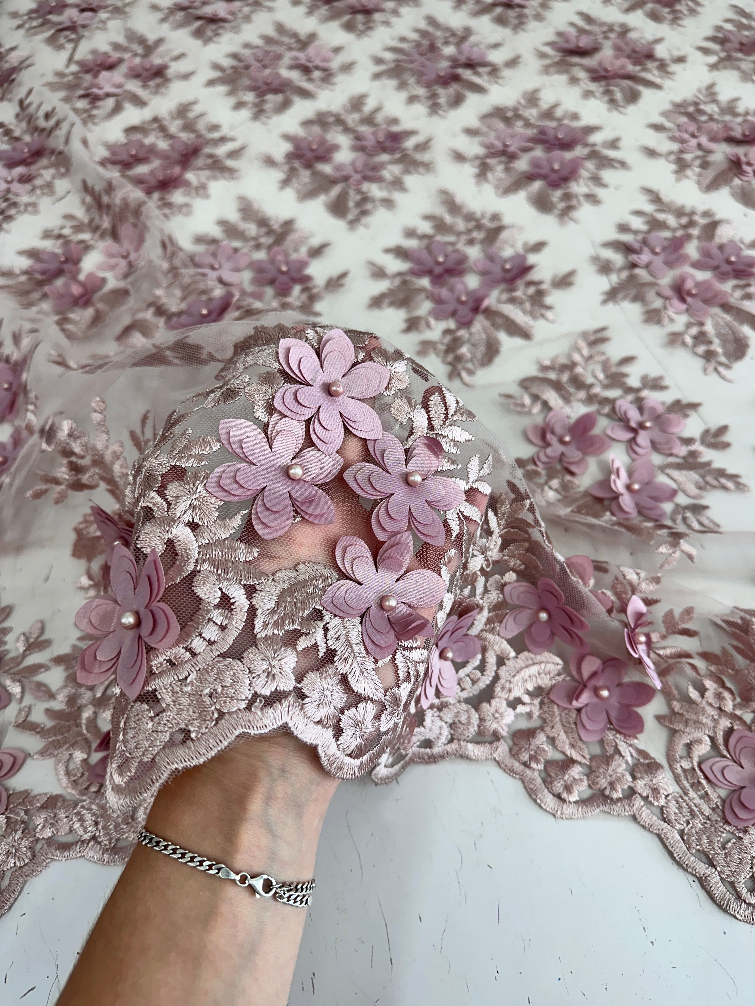 Blush 3D Flower Scalloped Mesh Lace, online textile store, sewing, fabric store, sewing store, cheap fabric store, kiki textiles