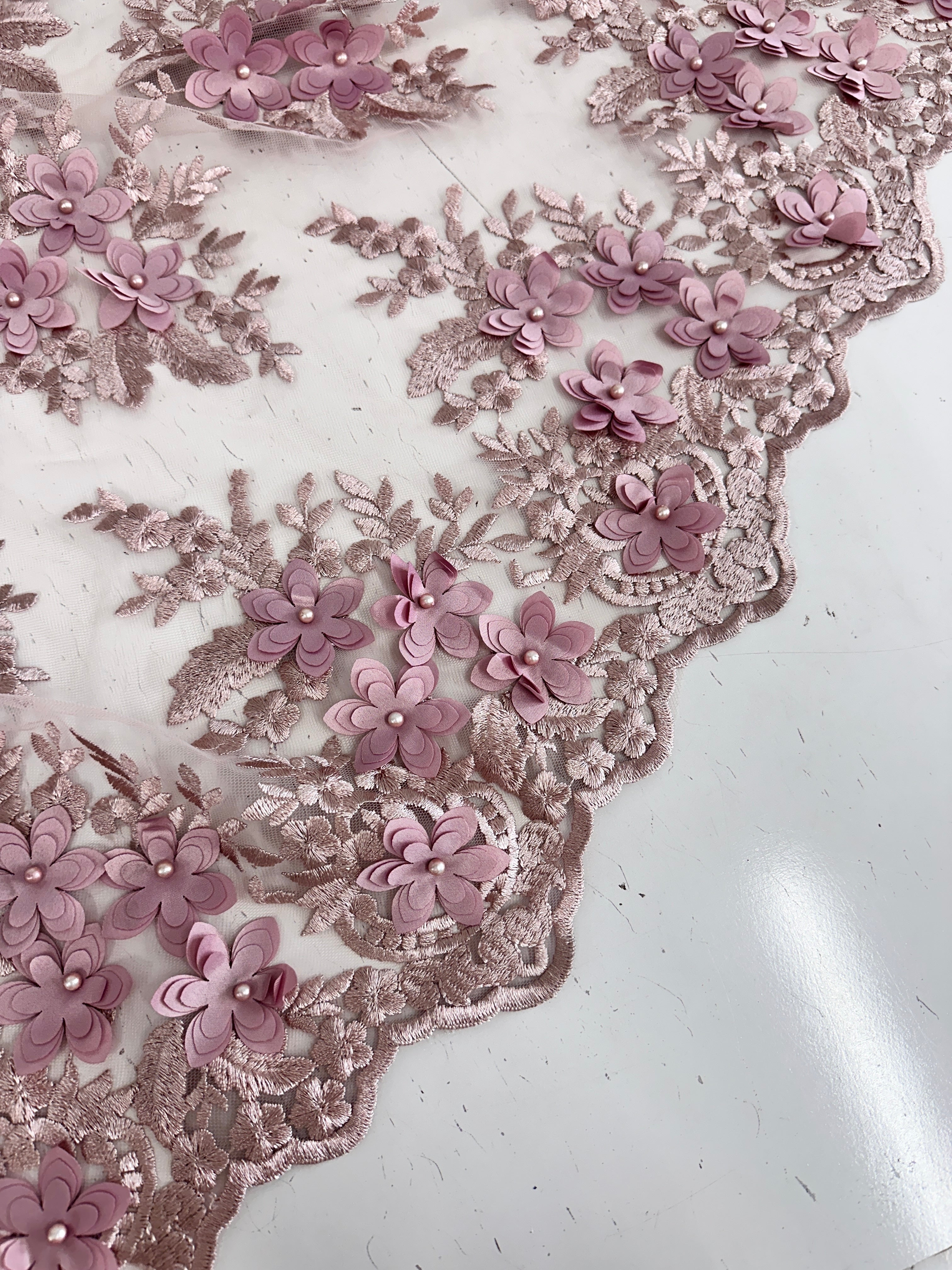 Blush 3D Flower Scalloped Mesh Lace, online textile store, sewing, fabric store, sewing store, cheap fabric store, kiki textiles