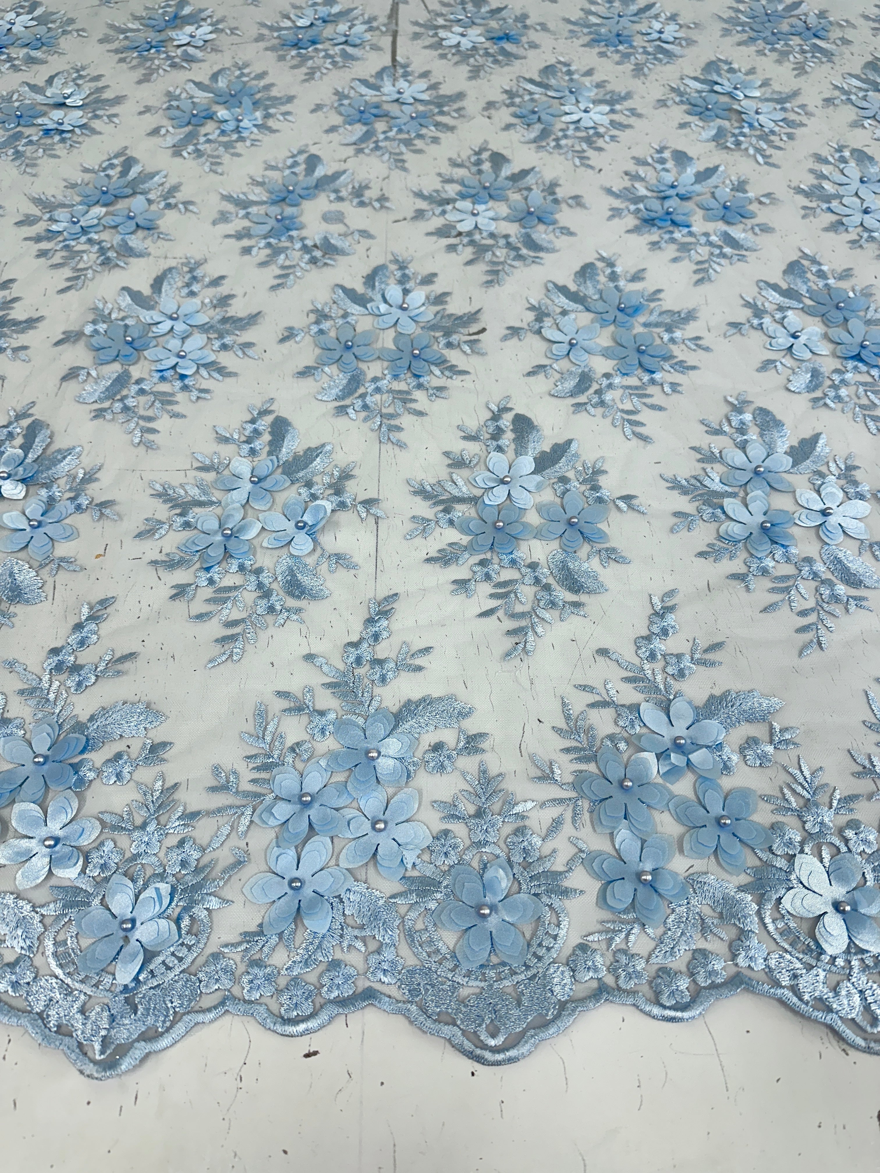 Baby Blue 3D Flower Scalloped Mesh Lace, online textile store, sewing, fabric store, sewing store, cheap fabric store, kiki textiles