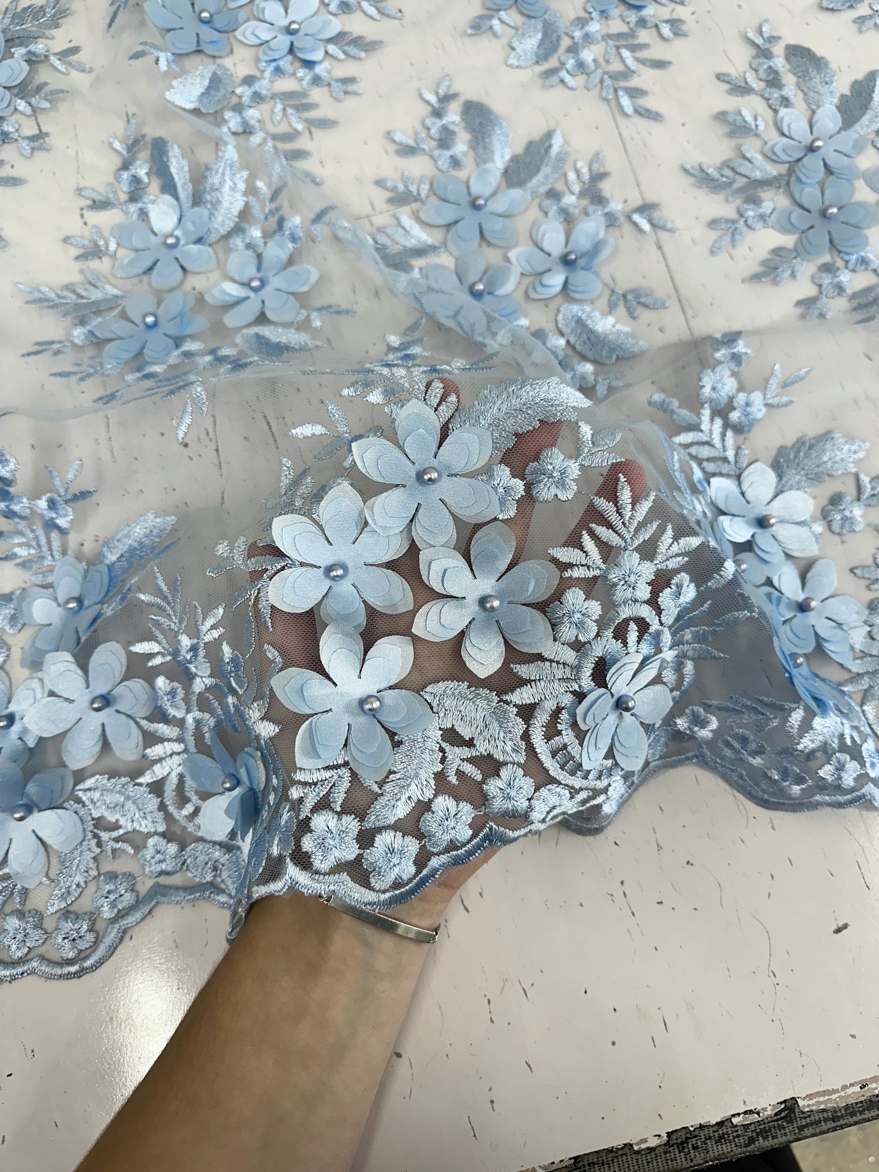 Baby Blue 3D Flower Scalloped Mesh Lace, online textile store, sewing, fabric store, sewing store, cheap fabric store, kiki textiles