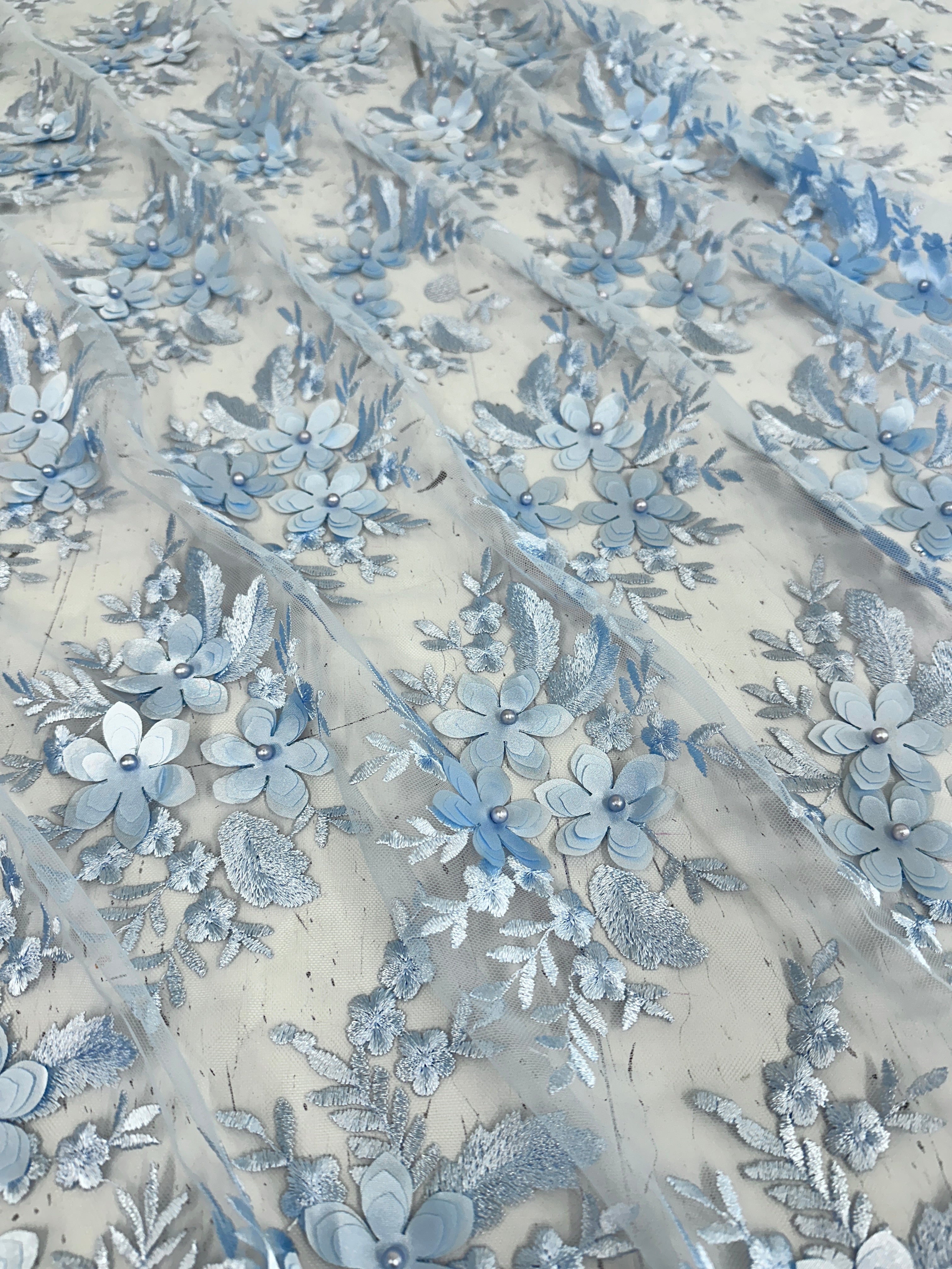 Baby Blue 3D Flower Scalloped Mesh Lace, online textile store, sewing, fabric store, sewing store, cheap fabric store, kiki textiles