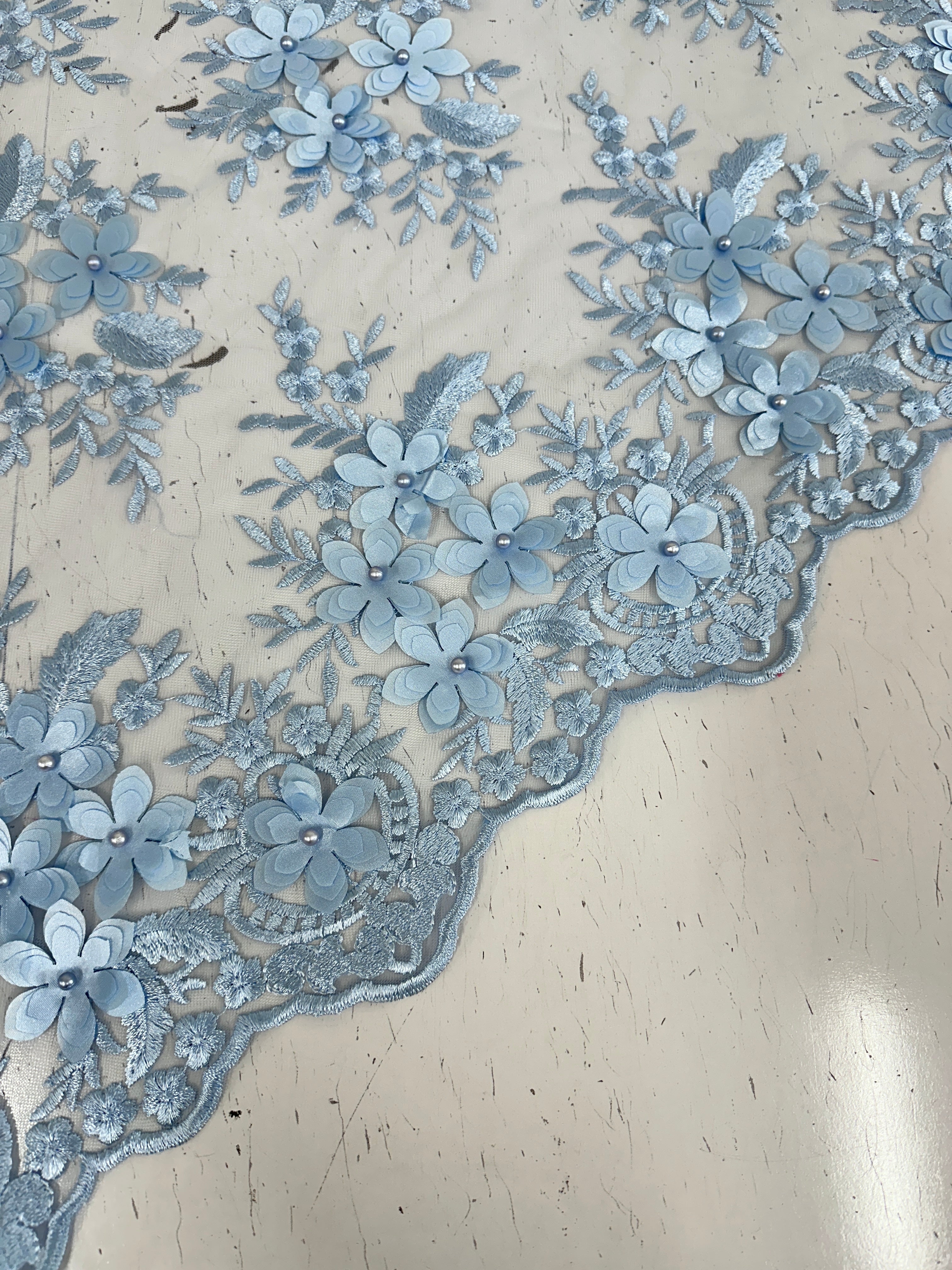 Baby Blue 3D Flower Scalloped Mesh Lace, online textile store, sewing, fabric store, sewing store, cheap fabric store, kiki textiles