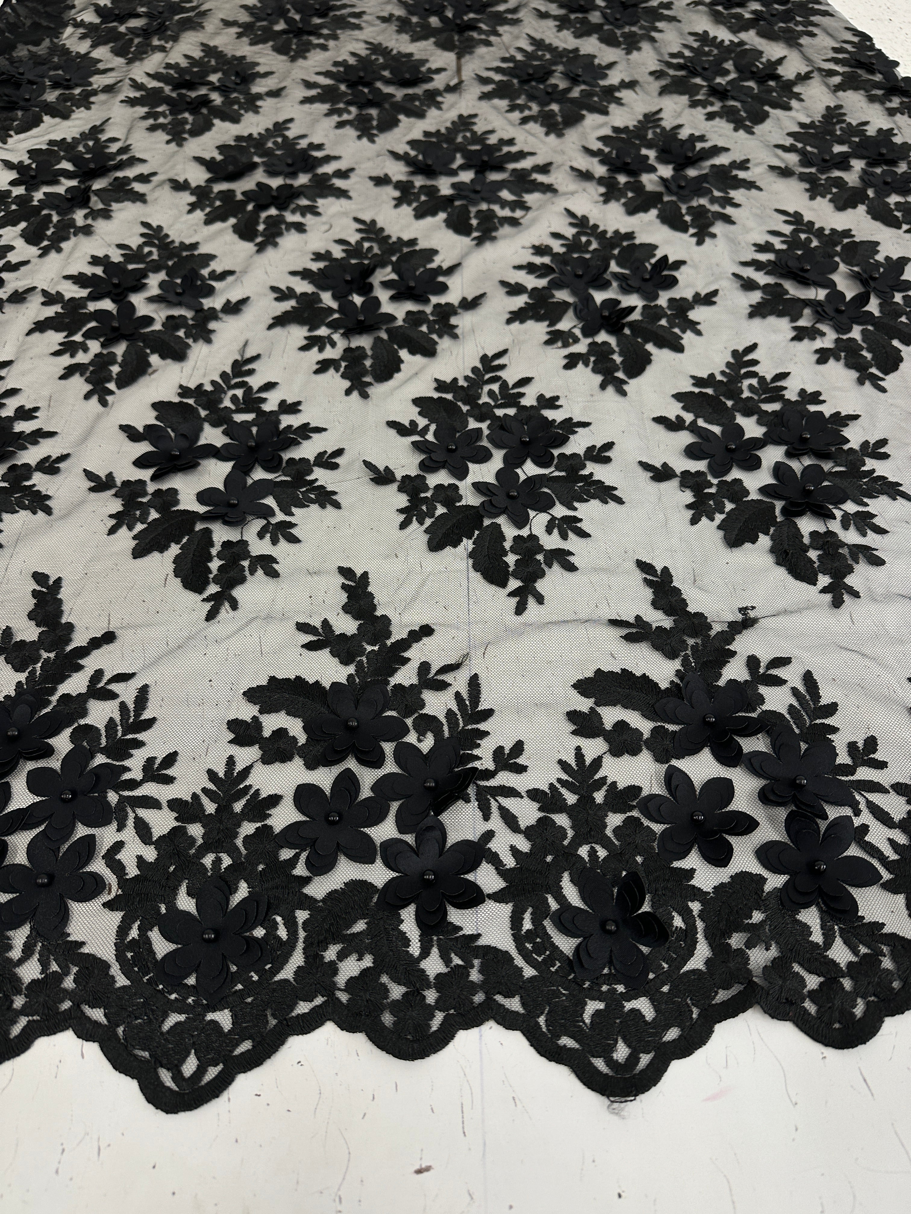 Black 3D Flower Scalloped Mesh Lace, online textile store, sewing, fabric store, sewing store, cheap fabric store, kiki textiles