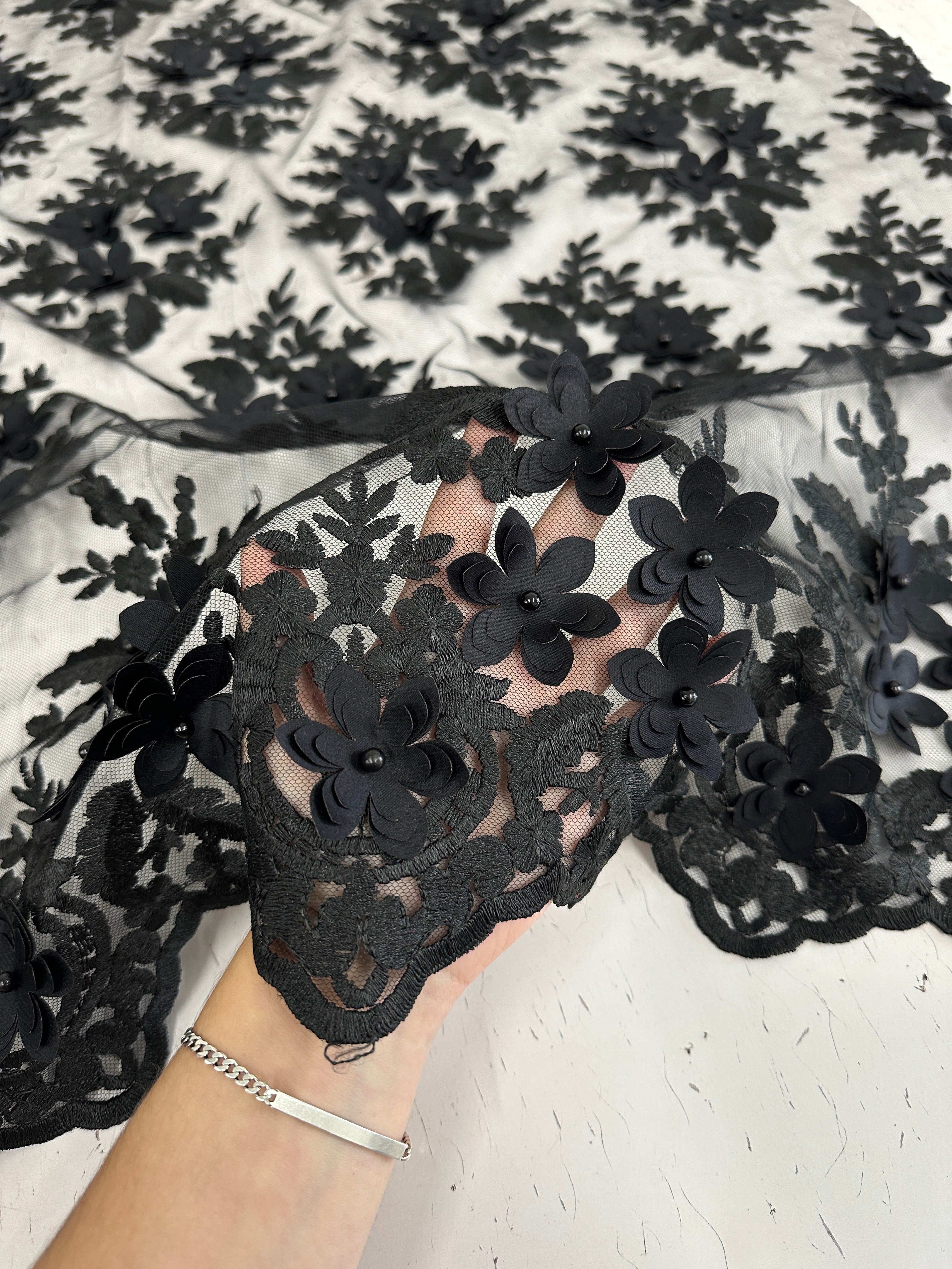 Black 3D Flower Scalloped Mesh Lace, online textile store, sewing, fabric store, sewing store, cheap fabric store, kiki textiles