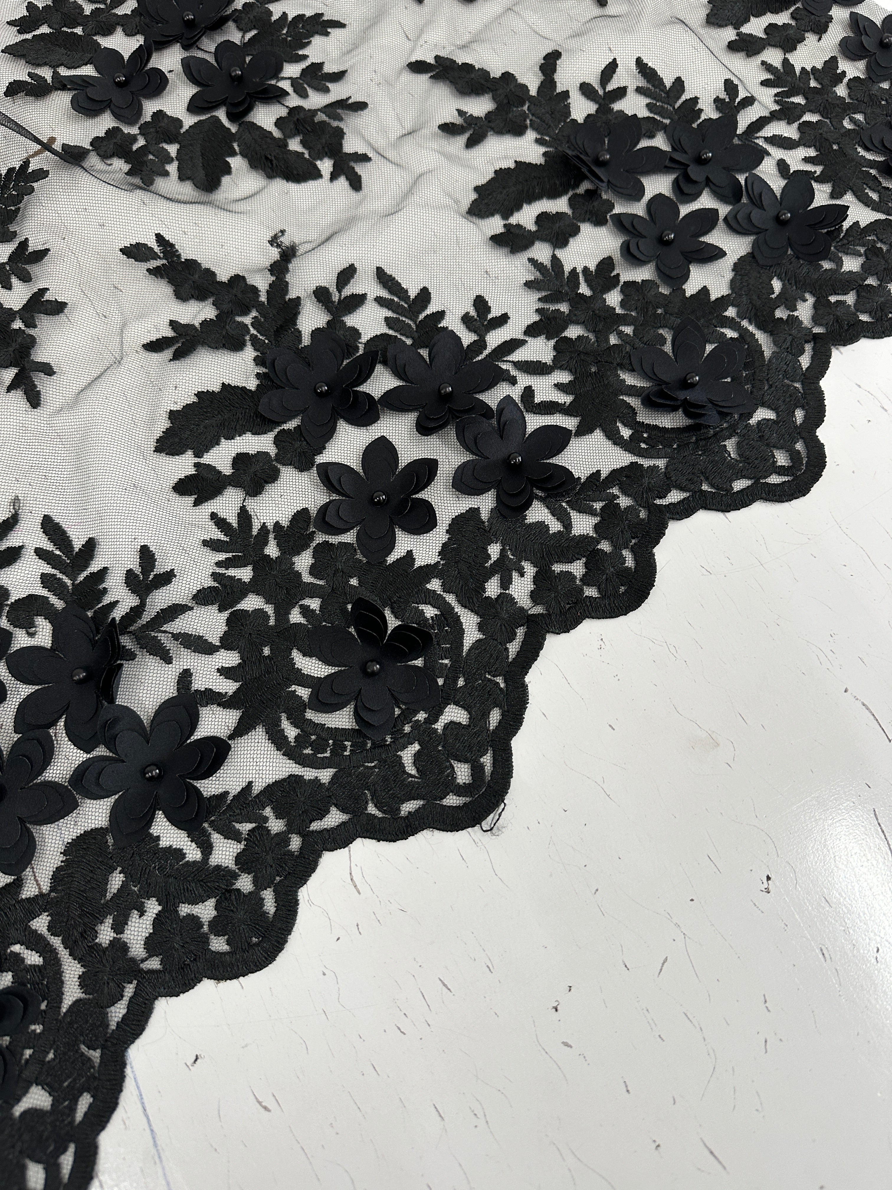 Black 3D Flower Scalloped Mesh Lace, online textile store, sewing, fabric store, sewing store, cheap fabric store, kiki textiles