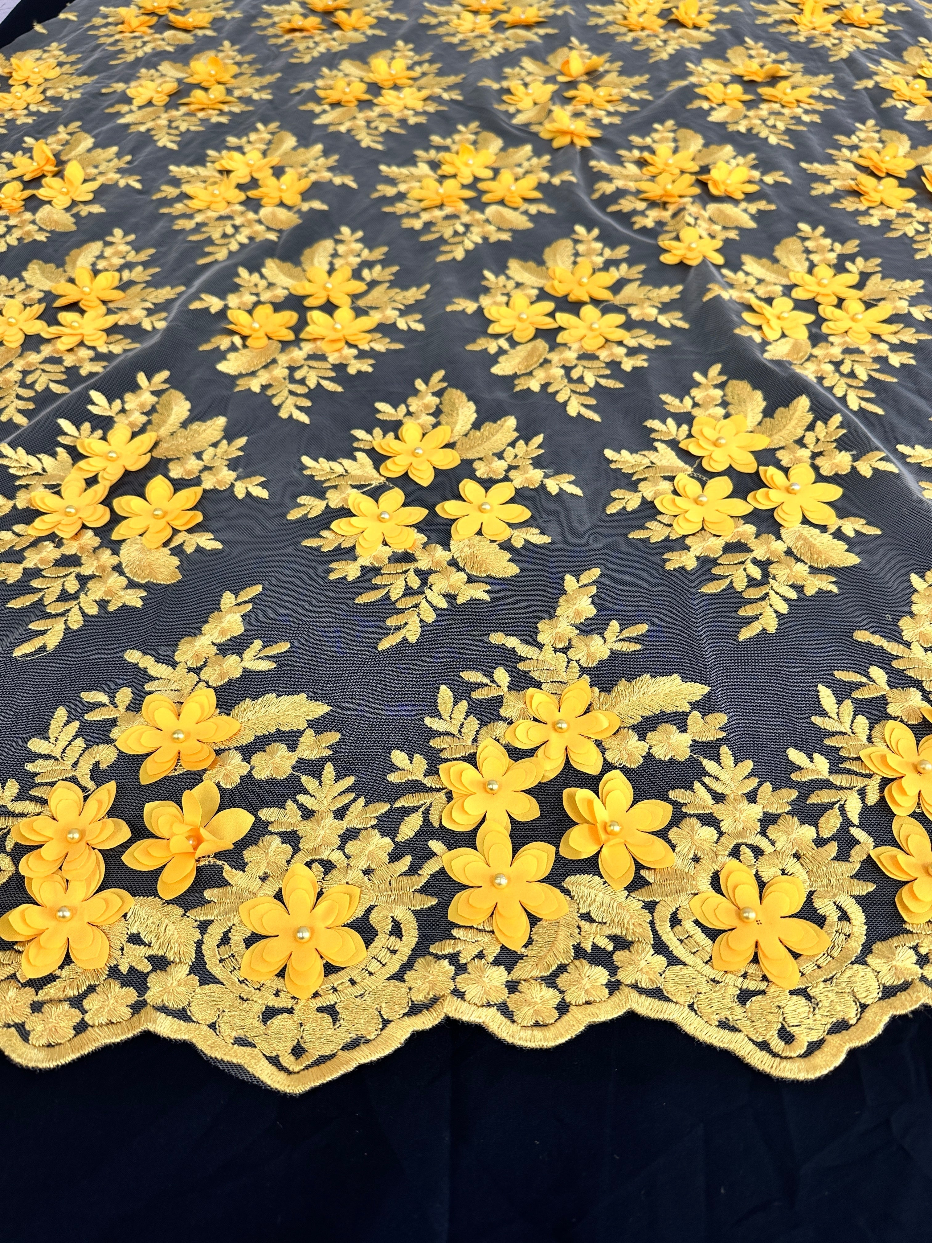 Yellow 3D Floral Scalloped Mesh Lace, online textile store, sewing, fabric store, sewing store, cheap fabric store, kiki textiles