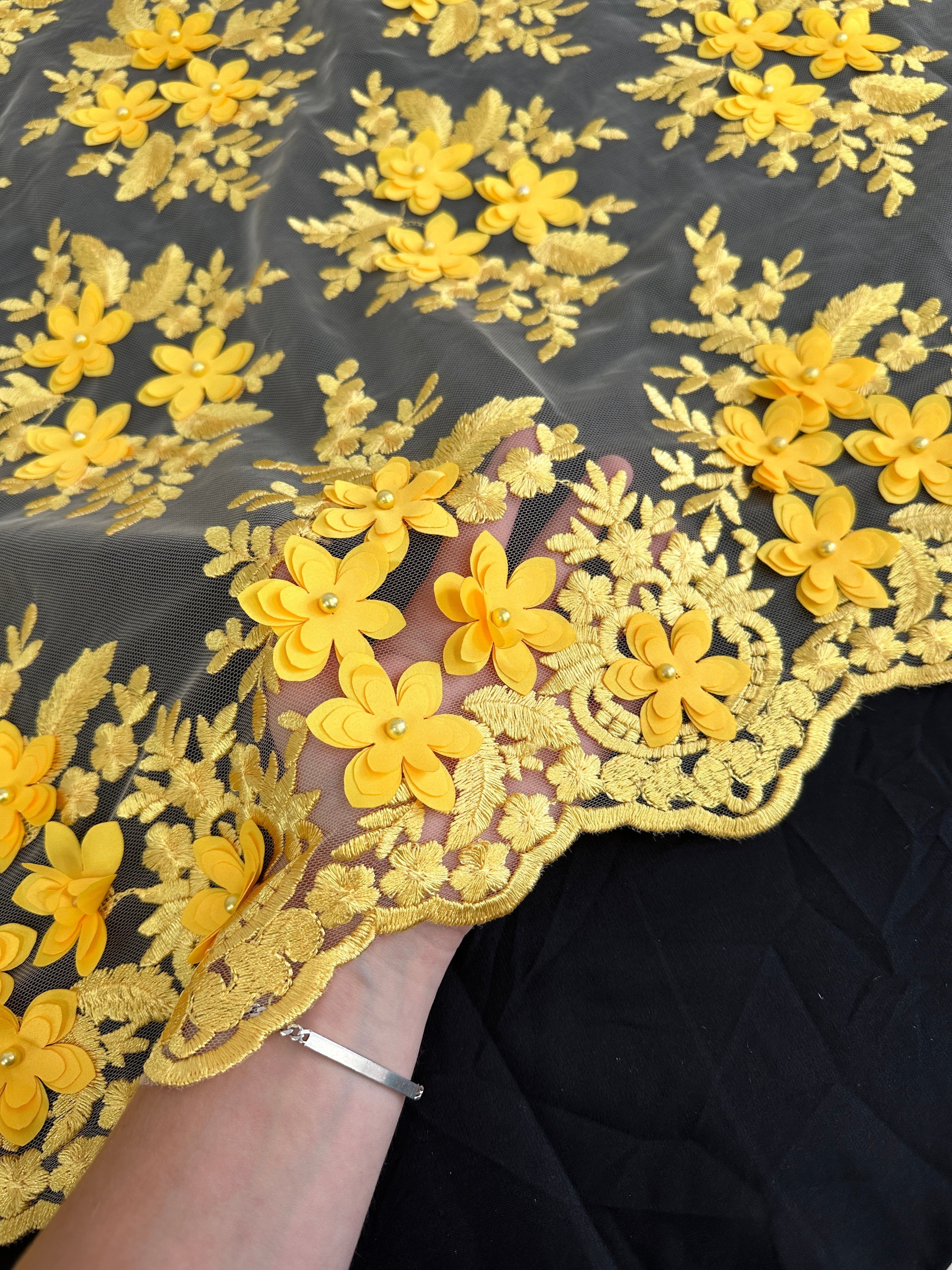 Yellow 3D Floral Scalloped Mesh Lace, online textile store, sewing, fabric store, sewing store, cheap fabric store, kiki textiles