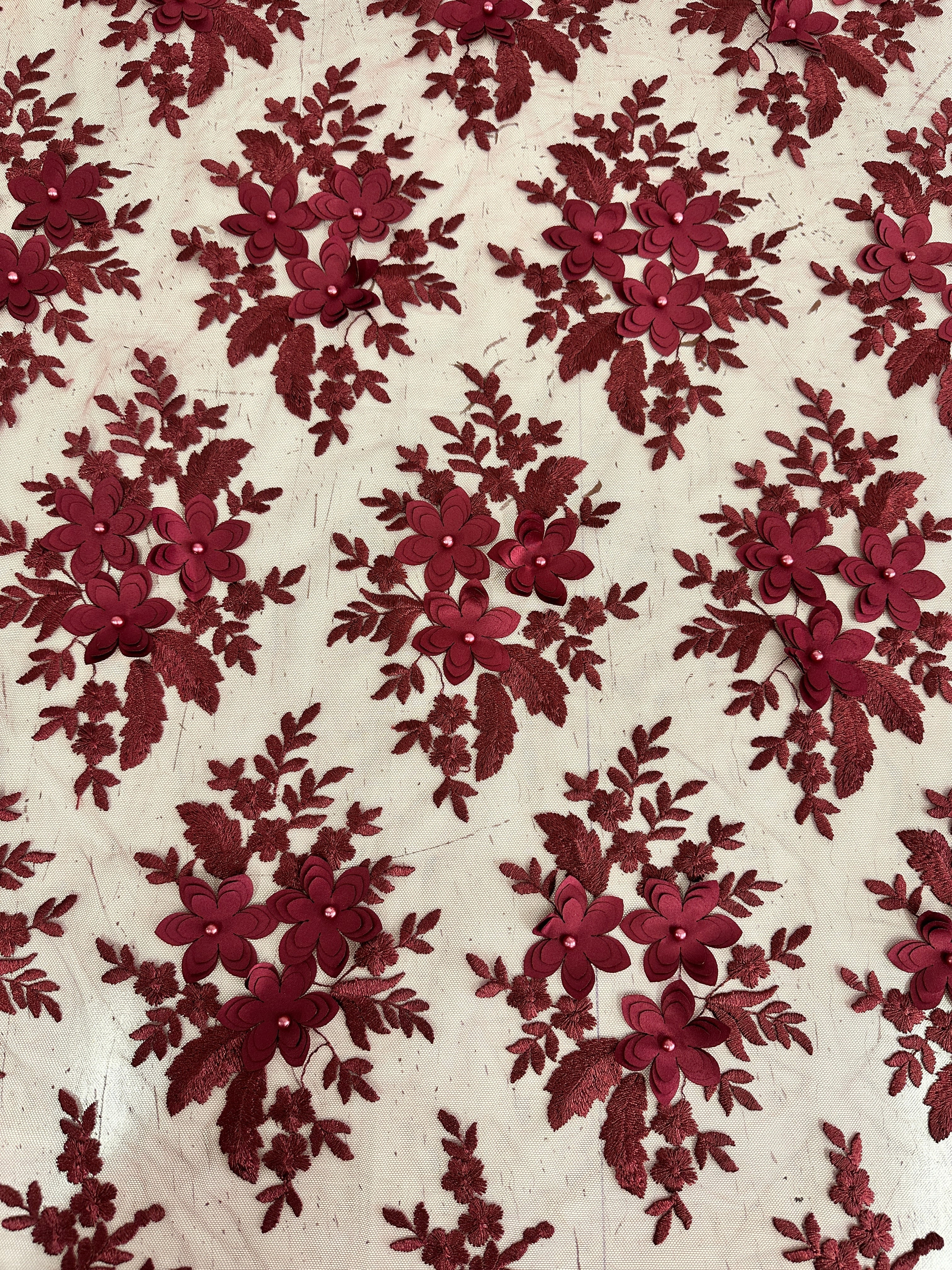 Burgundy 3D Flower Scalloped Mesh Lace, online textile store, sewing, fabric store, sewing store, cheap fabric store, kiki textiles