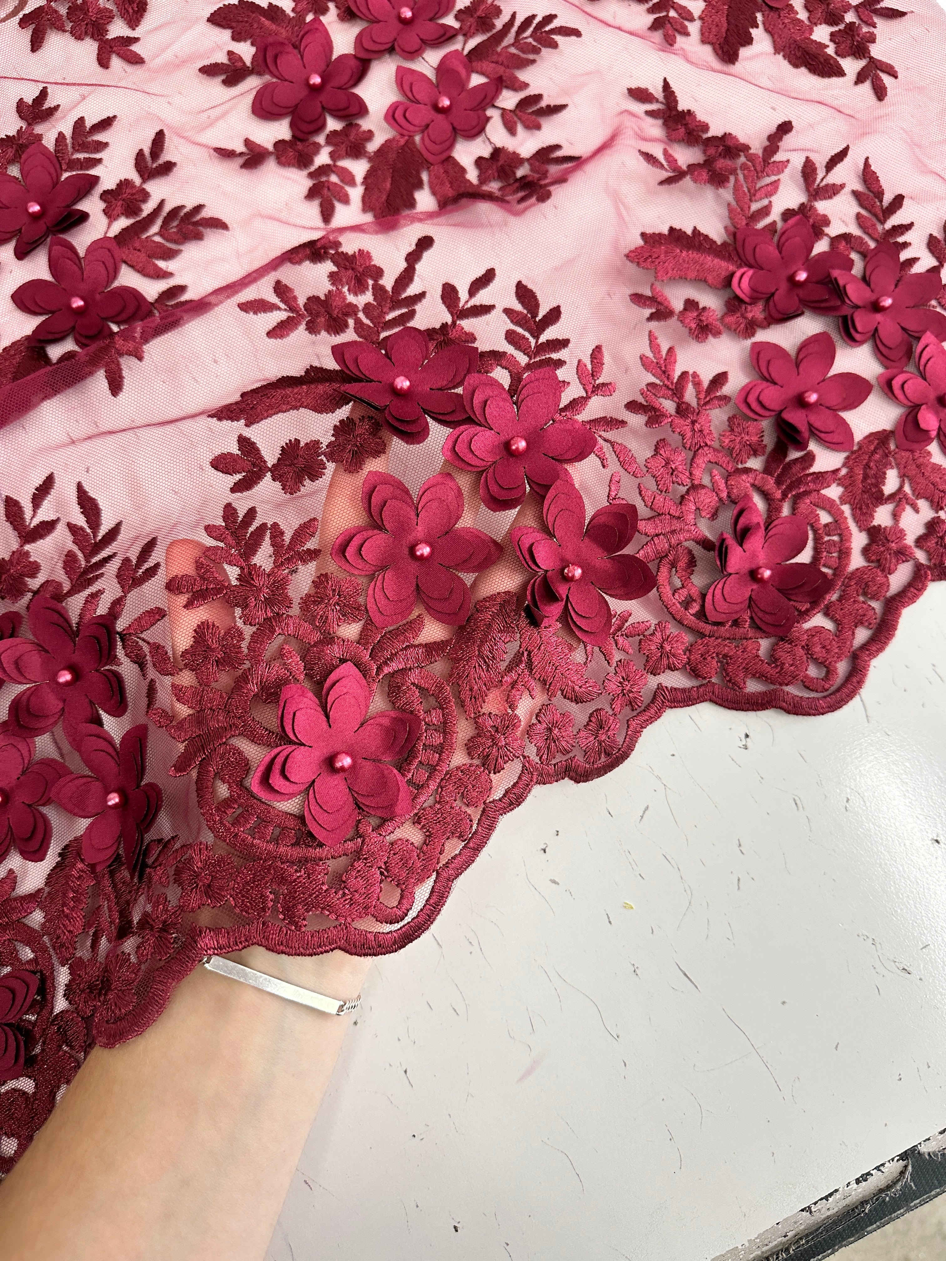 Burgundy 3D Flower Scalloped Mesh Lace, online textile store, sewing, fabric store, sewing store, cheap fabric store, kiki textiles