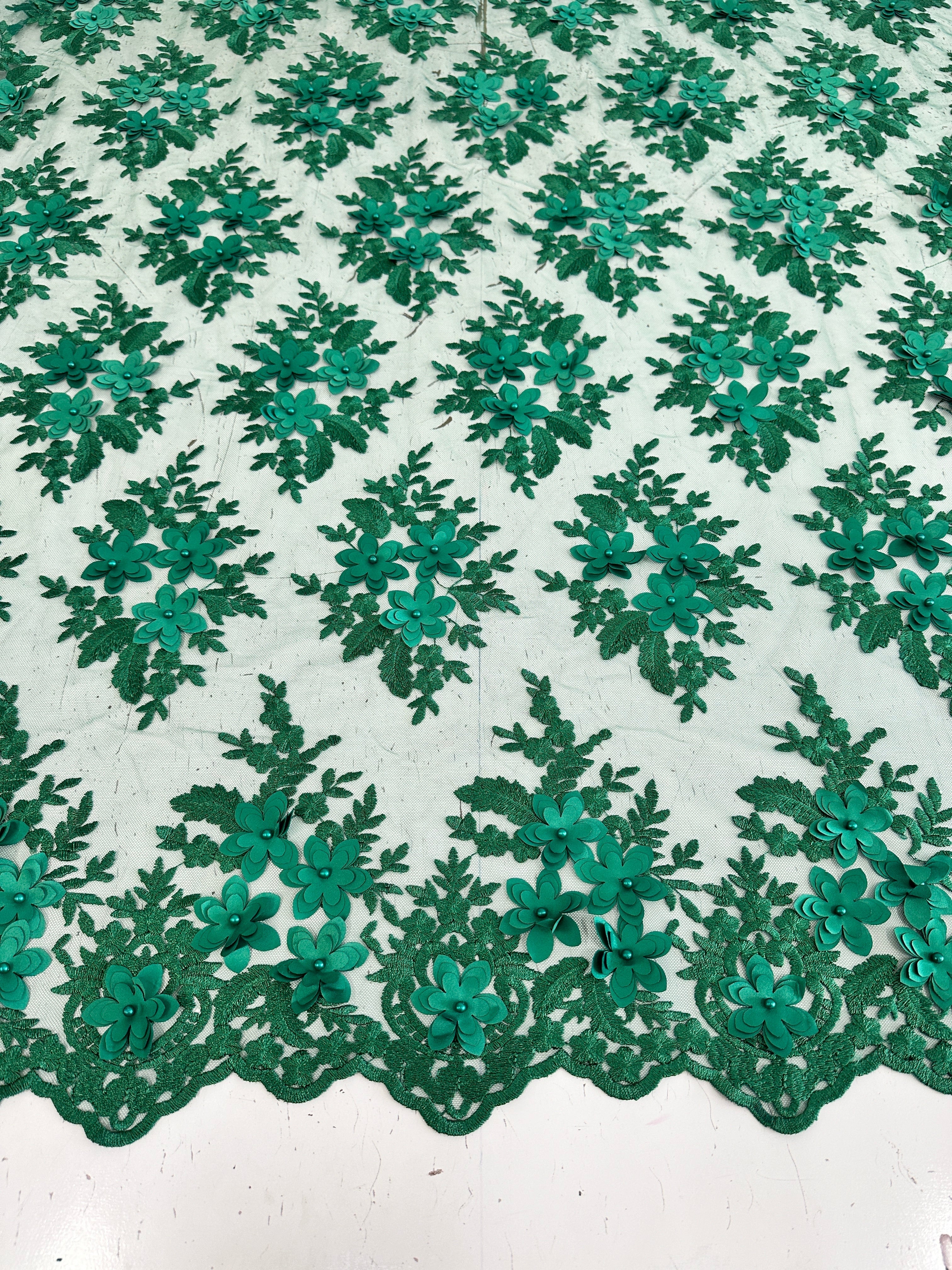 Kelly Green 3D Flower Scalloped Mesh Lace, online textile store, sewing, fabric store, sewing store, cheap fabric store, kiki textiles